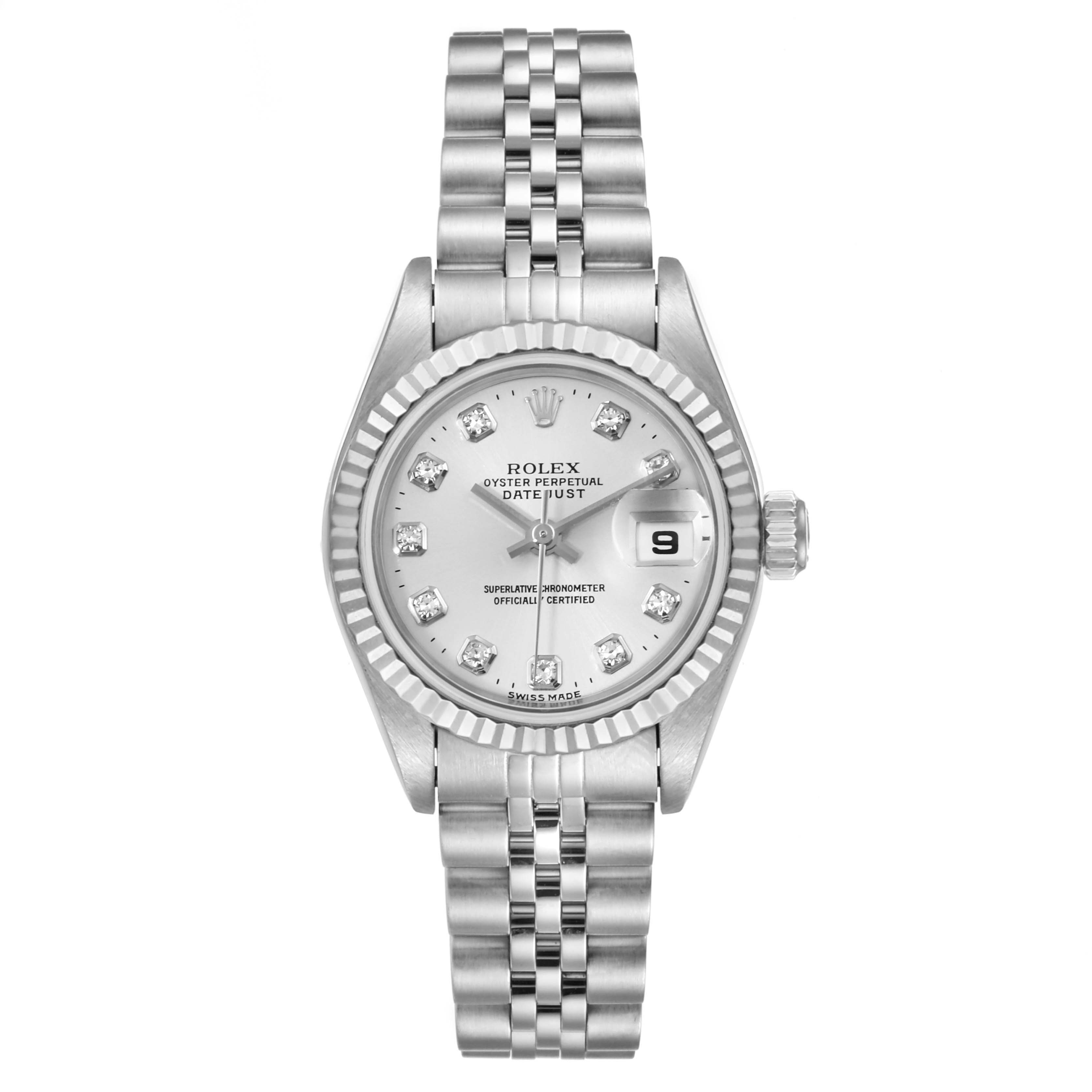 This image shows a front view of the Rolex Datejust 79174 Women's Stainless Steel Silver Dial 79174 Women's Stainless Steel Silver Dial watch, including the dial, bezel, case, and bracelet.