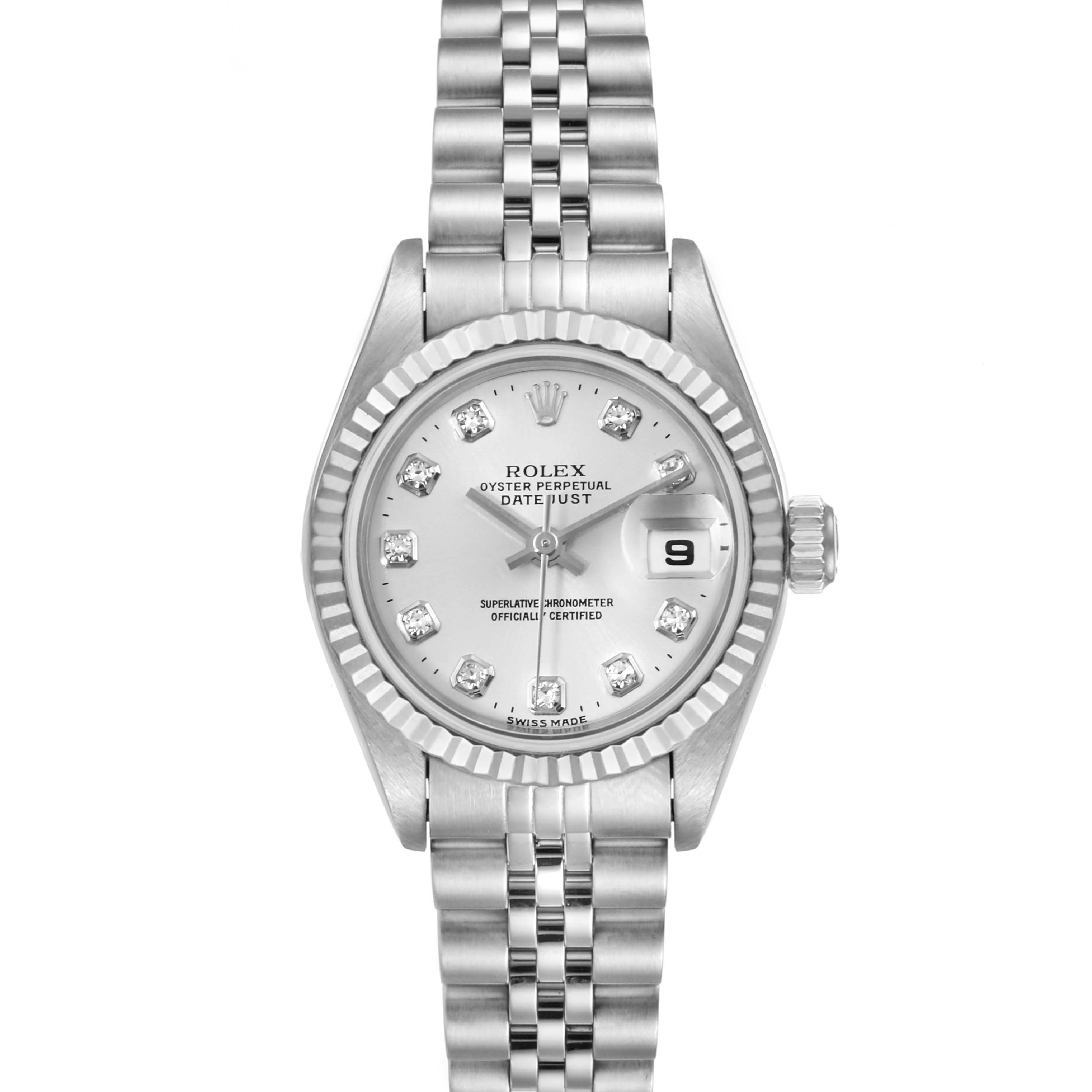 This image shows a front view of the Rolex Datejust 79174 Women's Stainless Steel Silver Dial 79174 Women's Stainless Steel Silver Dial watch, displaying the dial, bezel, bracelet, and crown.
