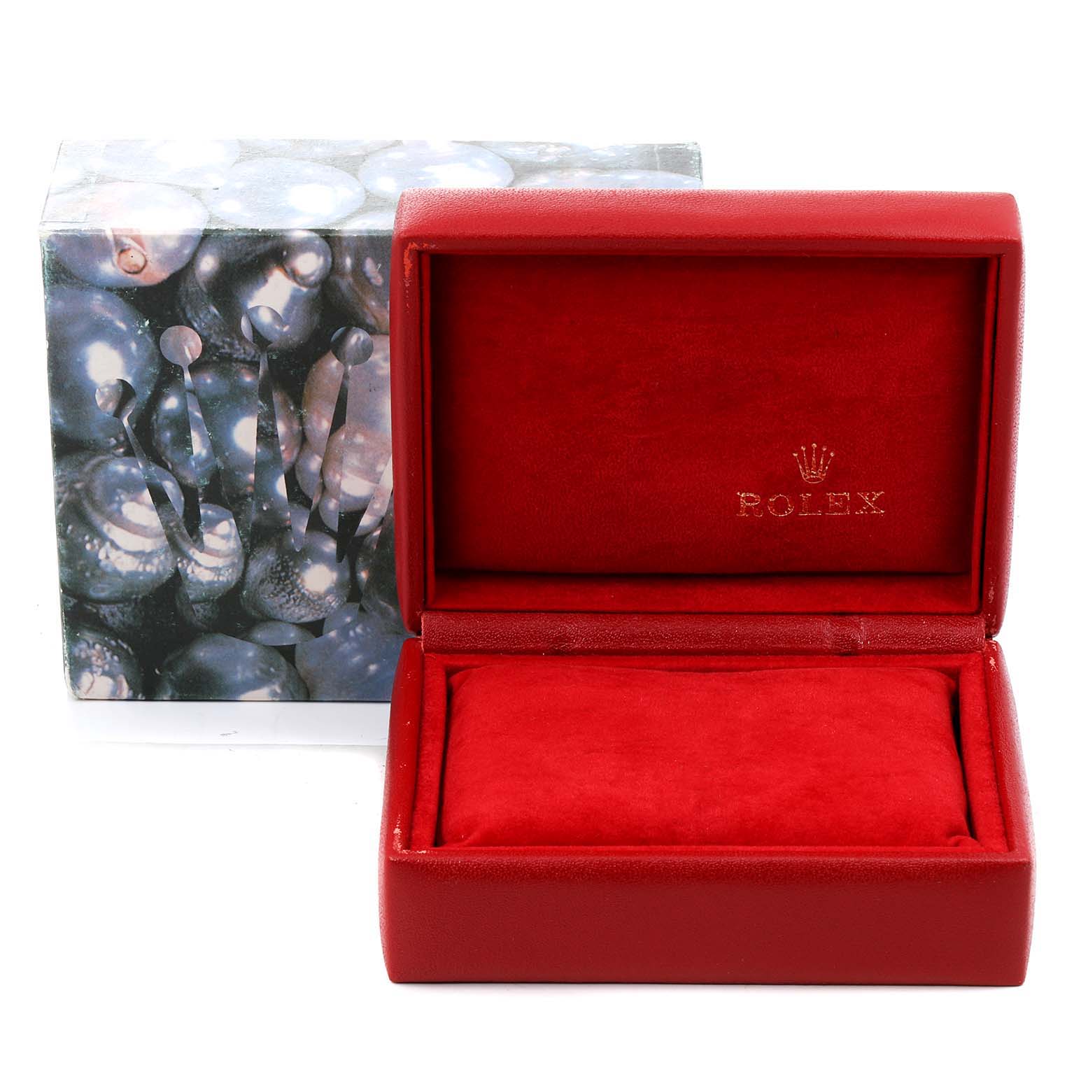 The image shows the open red velvet box and outer packaging for a Rolex Datejust 79174 Women's Stainless Steel Silver Dial 79174 Women's Stainless Steel Silver Dial watch.