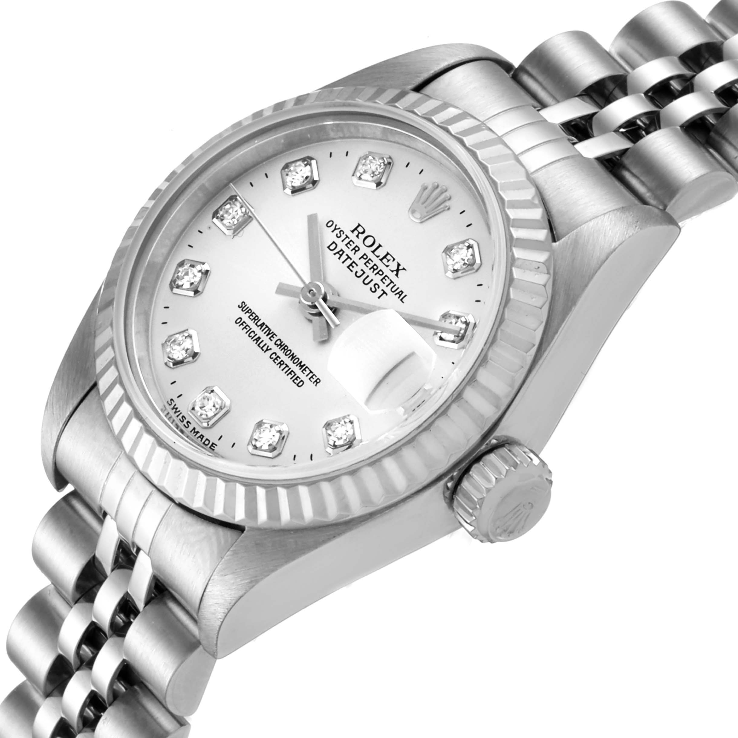 The image shows a close-up side angle of the Rolex Datejust 79174 Women's Stainless Steel Silver Dial 79174 Women's Stainless Steel Silver Dial, highlighting the dial, bezel, crown, and part of the bracelet.