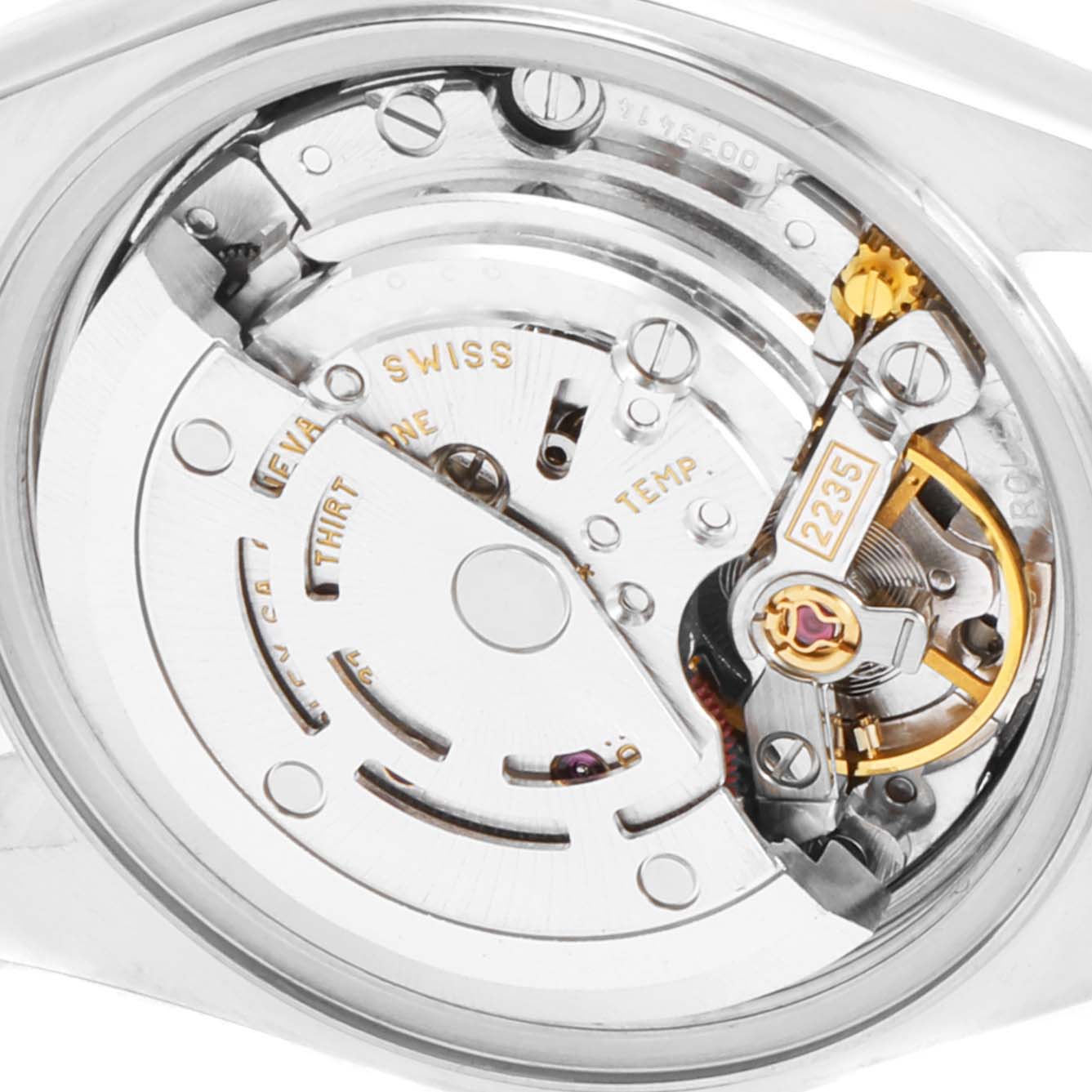 This image shows an interior view of the mechanical movement of a Rolex Datejust 79174 Women's Stainless Steel Silver Dial 79174 Women's Stainless Steel Silver Dial watch.