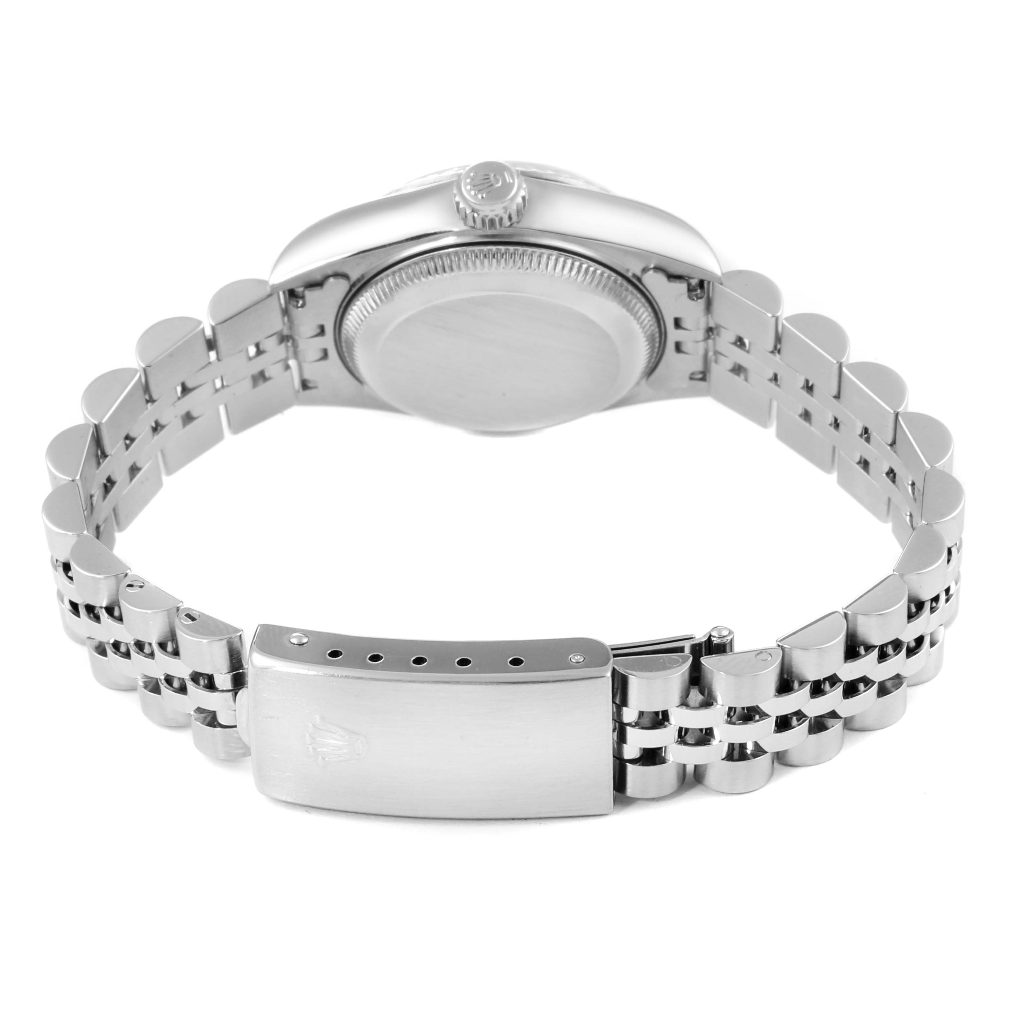 The image shows the backside and bracelet of a Rolex Datejust 79174 Women's Stainless Steel Silver Dial 79174 Women's Stainless Steel Silver Dial watch, highlighting the clasp and case back.