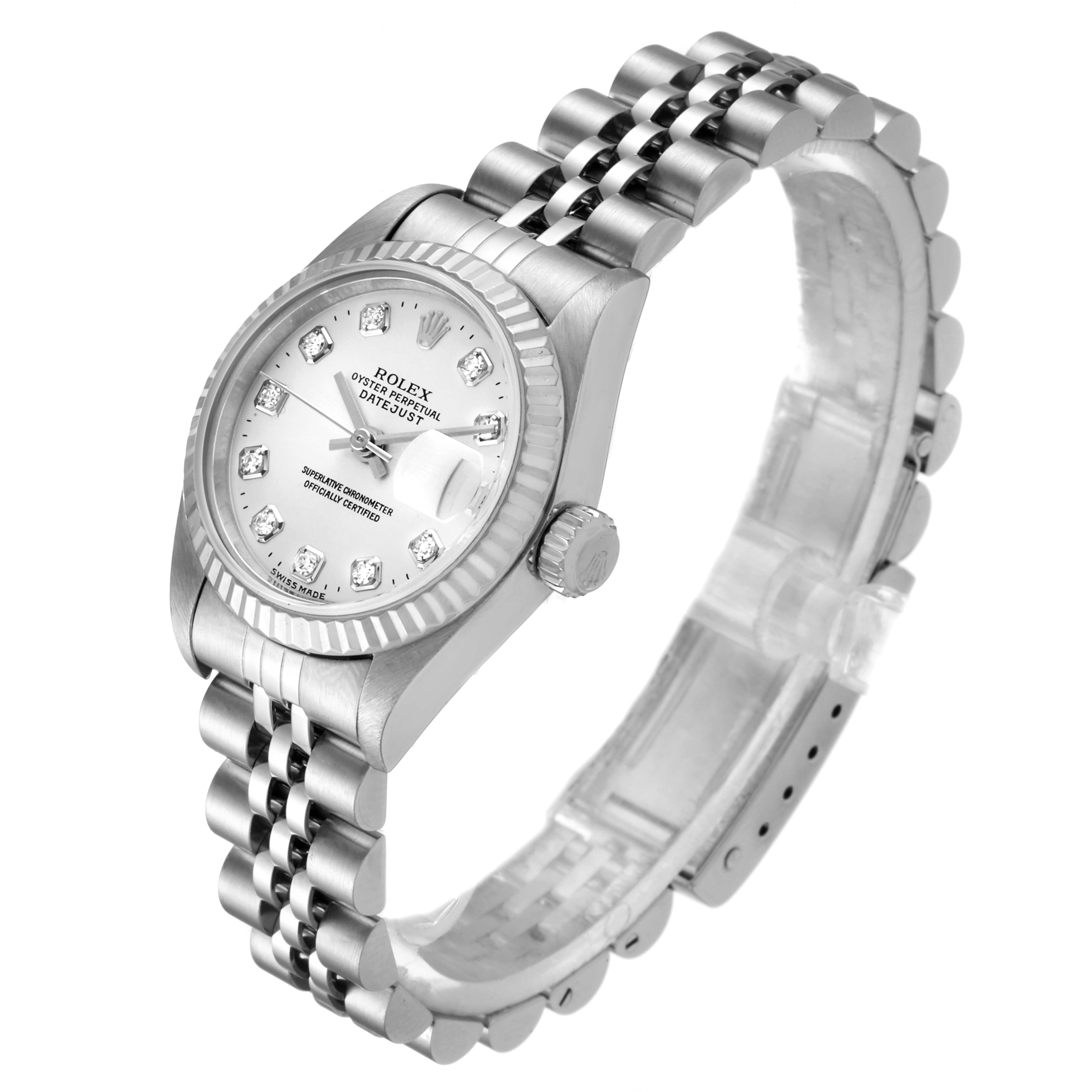 The image shows a Rolex Datejust 79174 Women's Stainless Steel Silver Dial 79174 Women's Stainless Steel Silver Dial watch at a three-quarter angle, focusing on the dial, bezel, and bracelet.