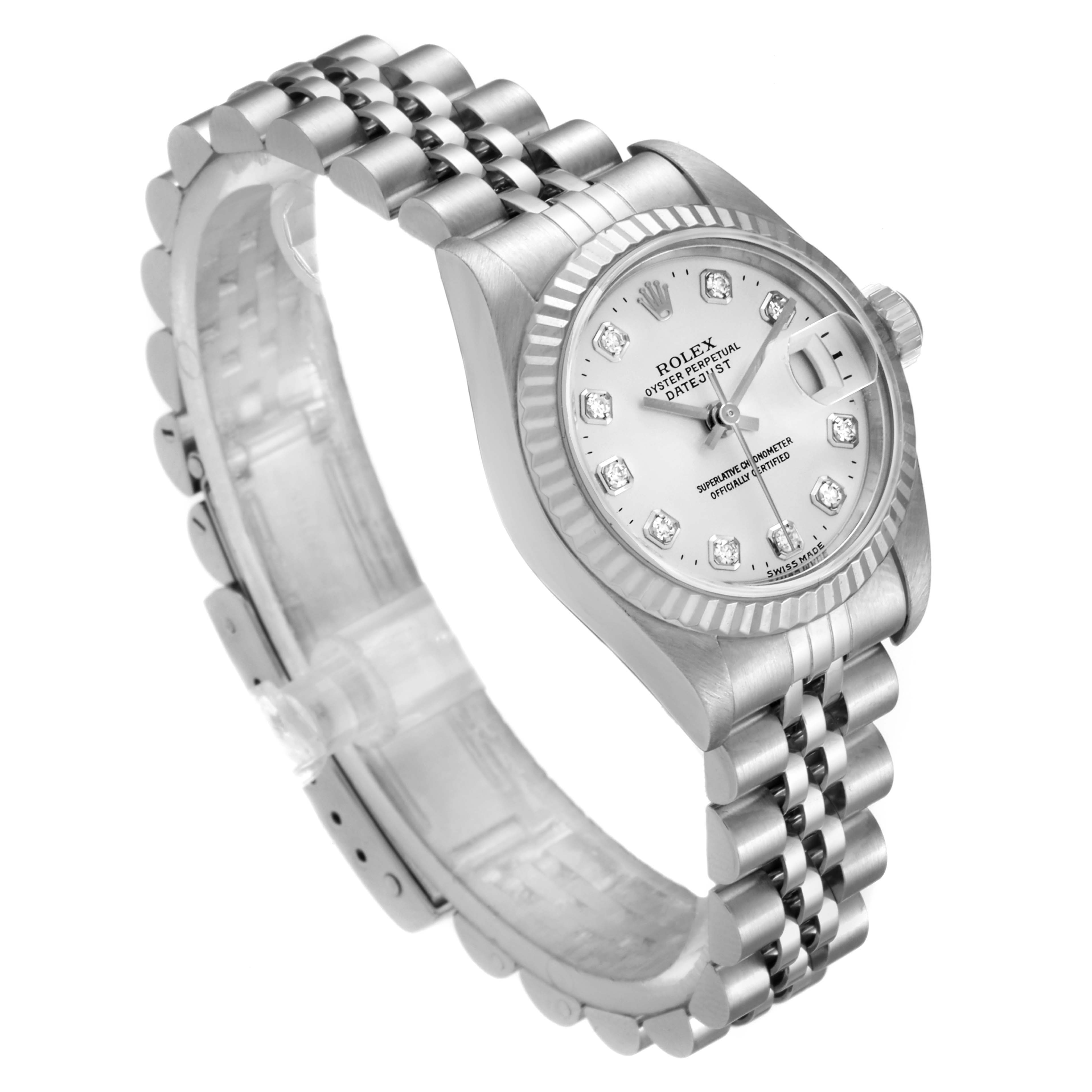 The image shows a Rolex Datejust 79174 Women's Stainless Steel Silver Dial 79174 Women's Stainless Steel Silver Dial watch at an angled view, highlighting the dial, bezel, and bracelet.
