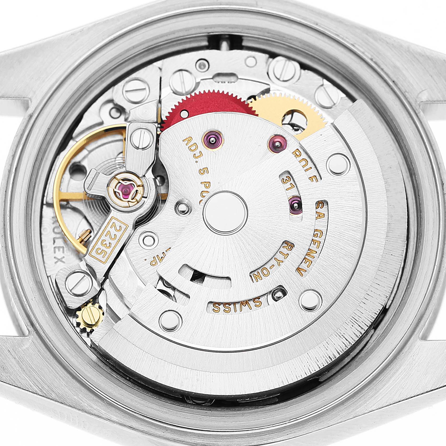 The image shows a close-up of the movement mechanism from the back of a Rolex Datejust 79174 Women's Stainless Steel Pink Dial watch.