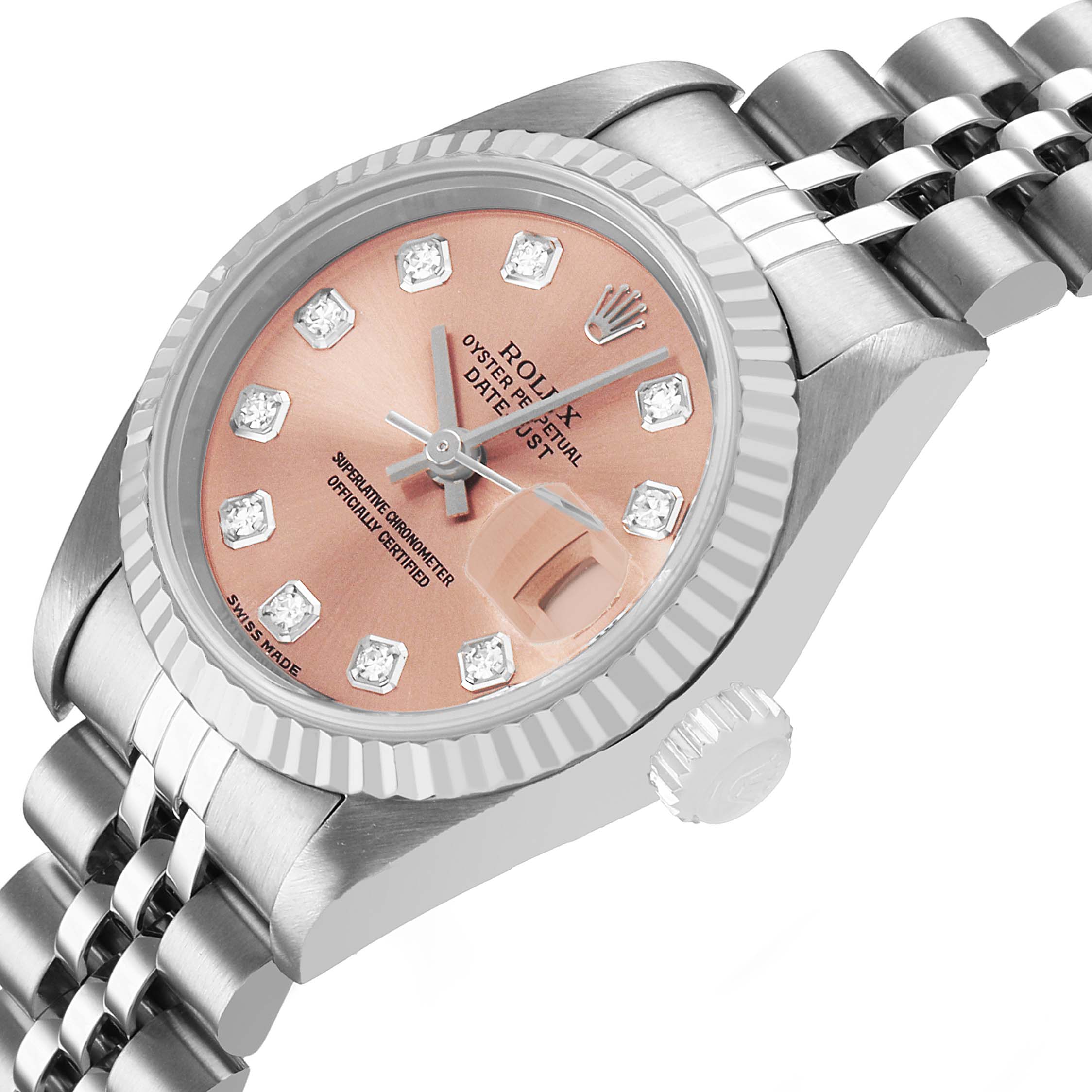 The Rolex Datejust 79174 Women's Stainless Steel Pink Dial watch is shown at an angled top-front view, displaying the dial, bezel, case, and bracelet links.