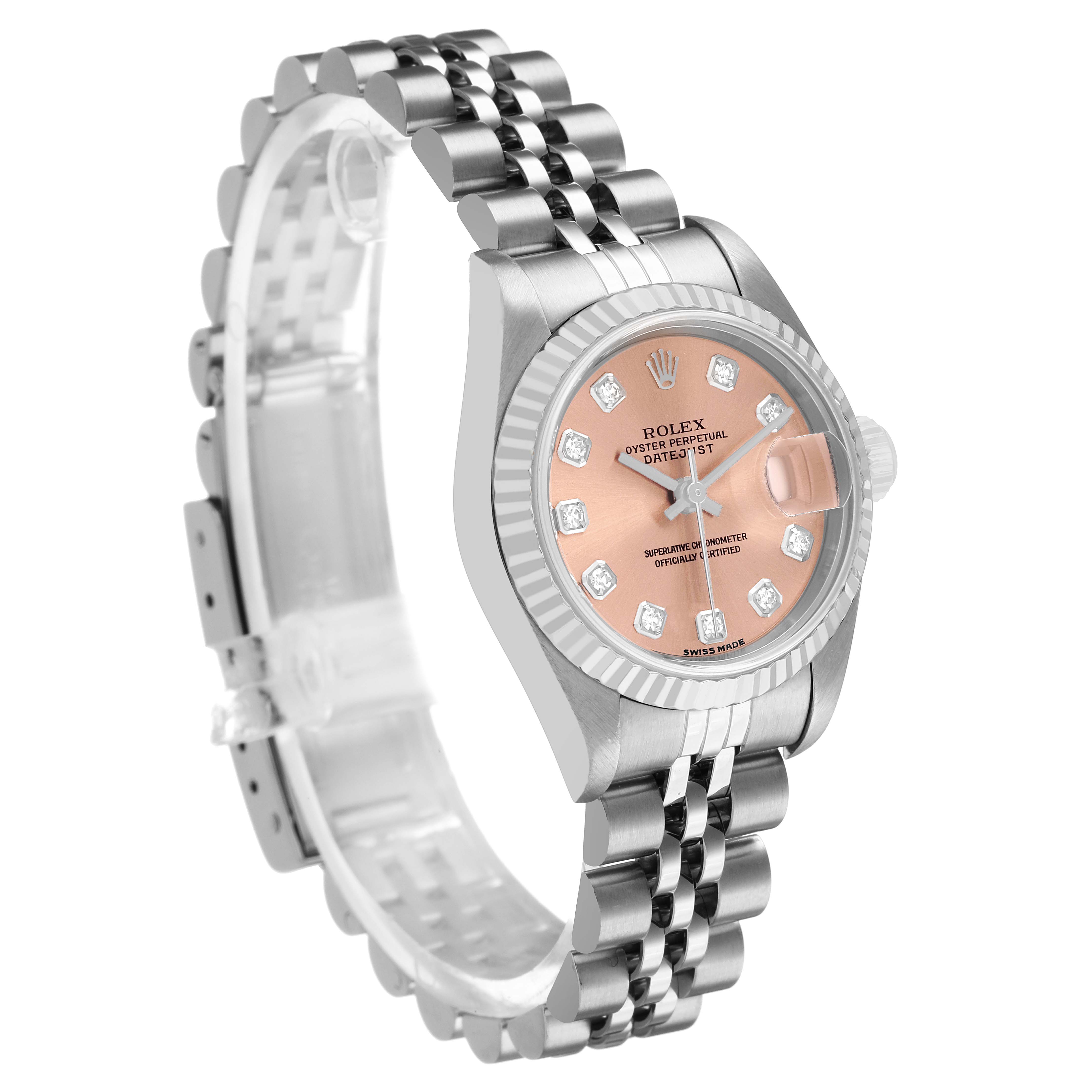 This image shows a Rolex Datejust 79174 Women's Stainless Steel Pink Dial watch at a three-quarter angle, highlighting the face, bezel, and bracelet.