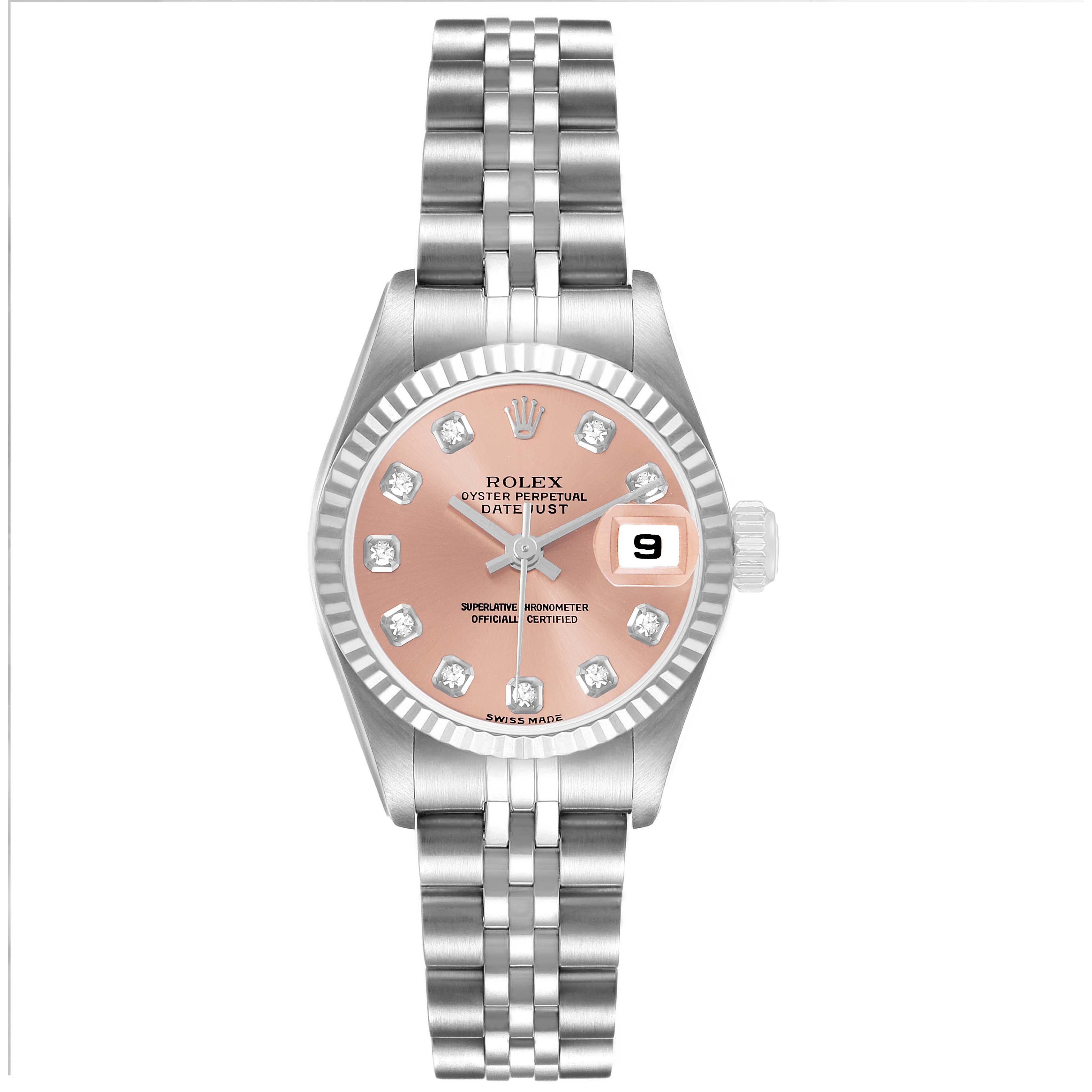 The Rolex Datejust 79174 Women's Stainless Steel Pink Dial watch is shown from a top view, highlighting the dial, bezel, case, bracelet, and date feature.