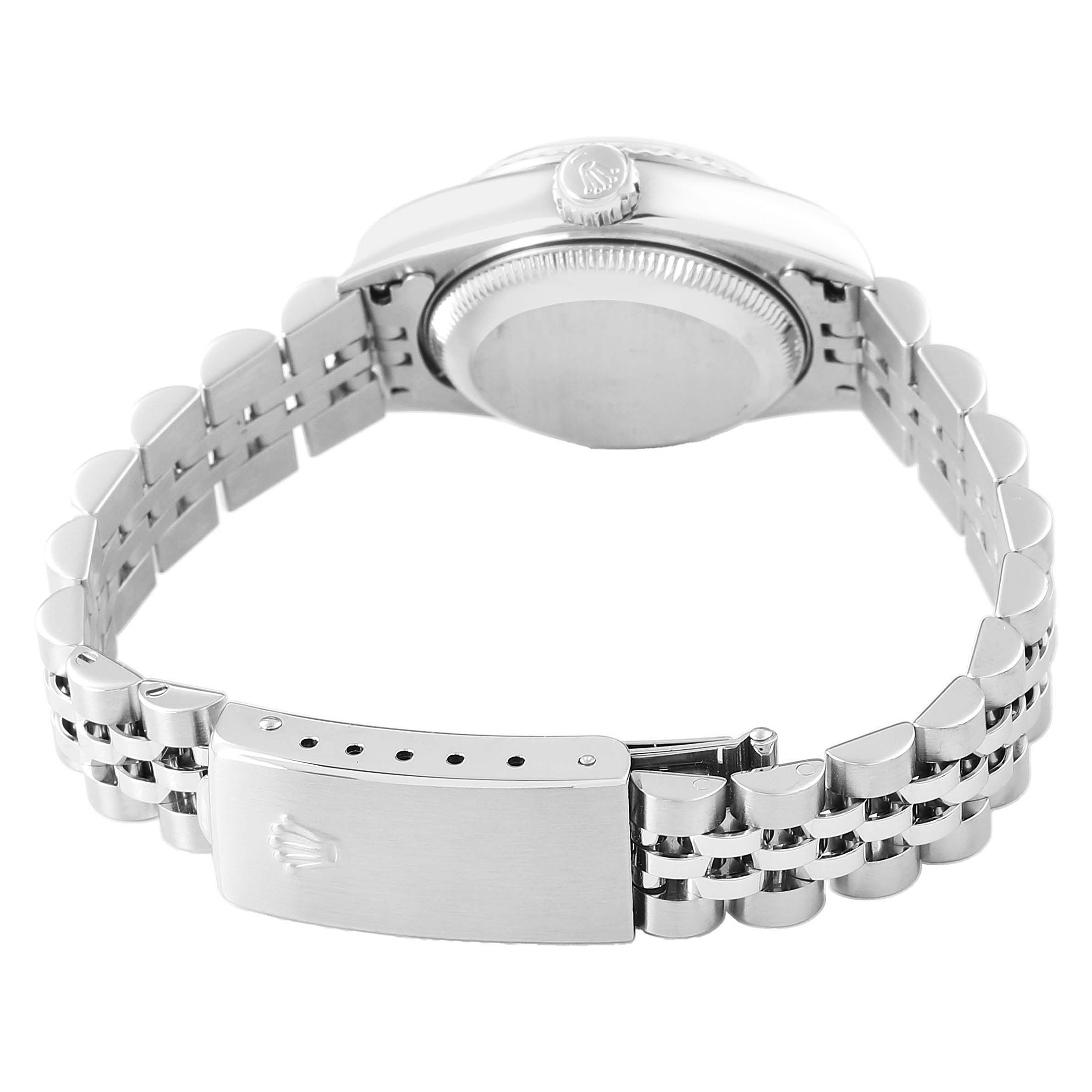 The image shows the back and clasp of a Rolex Datejust 79174 Women's Stainless Steel Pink Dial watch, highlighting the bracelet and case back.