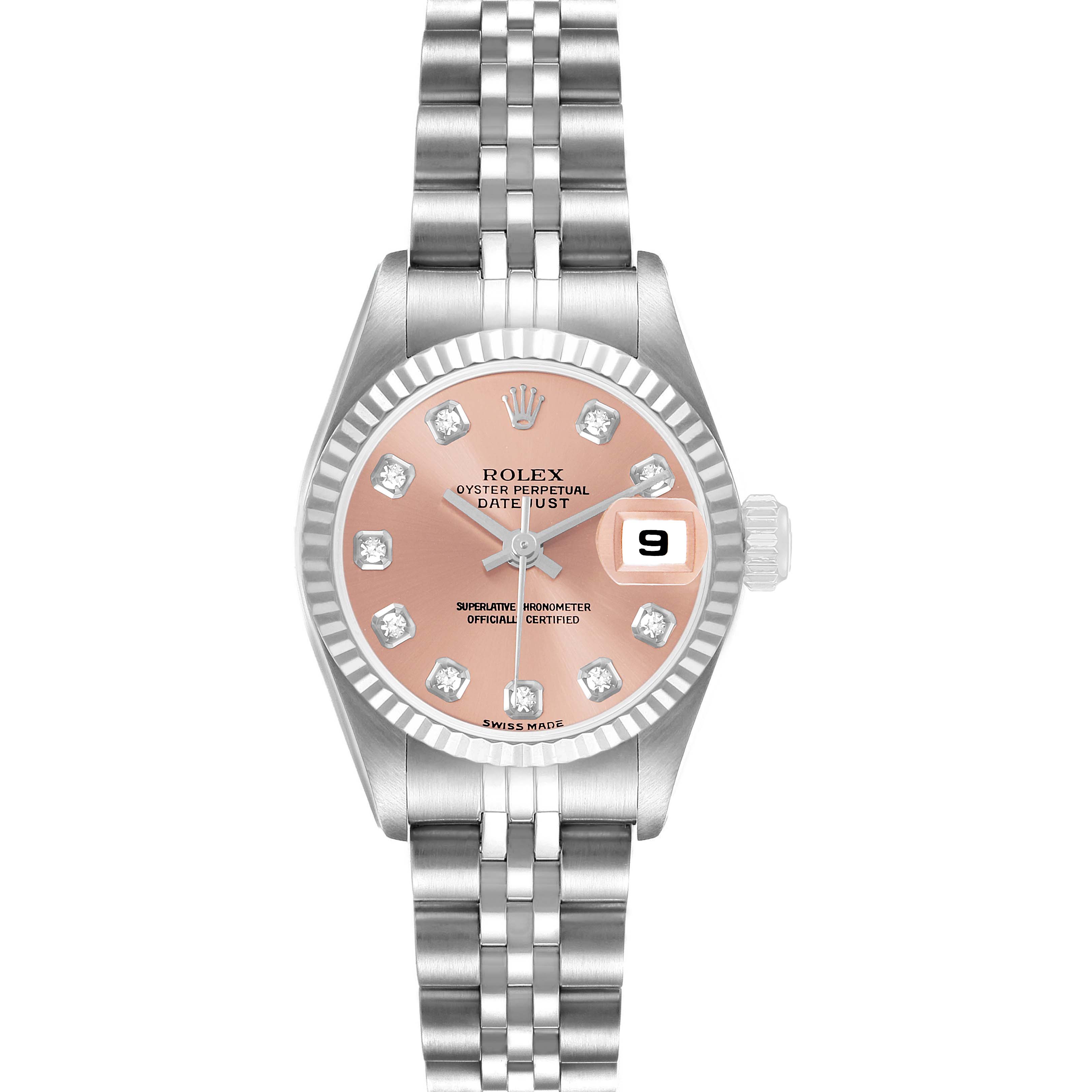The Rolex Datejust 79174 Women's Stainless Steel Pink Dial watch is shown face-up, highlighting its dial, date window, bezel, and bracelet.