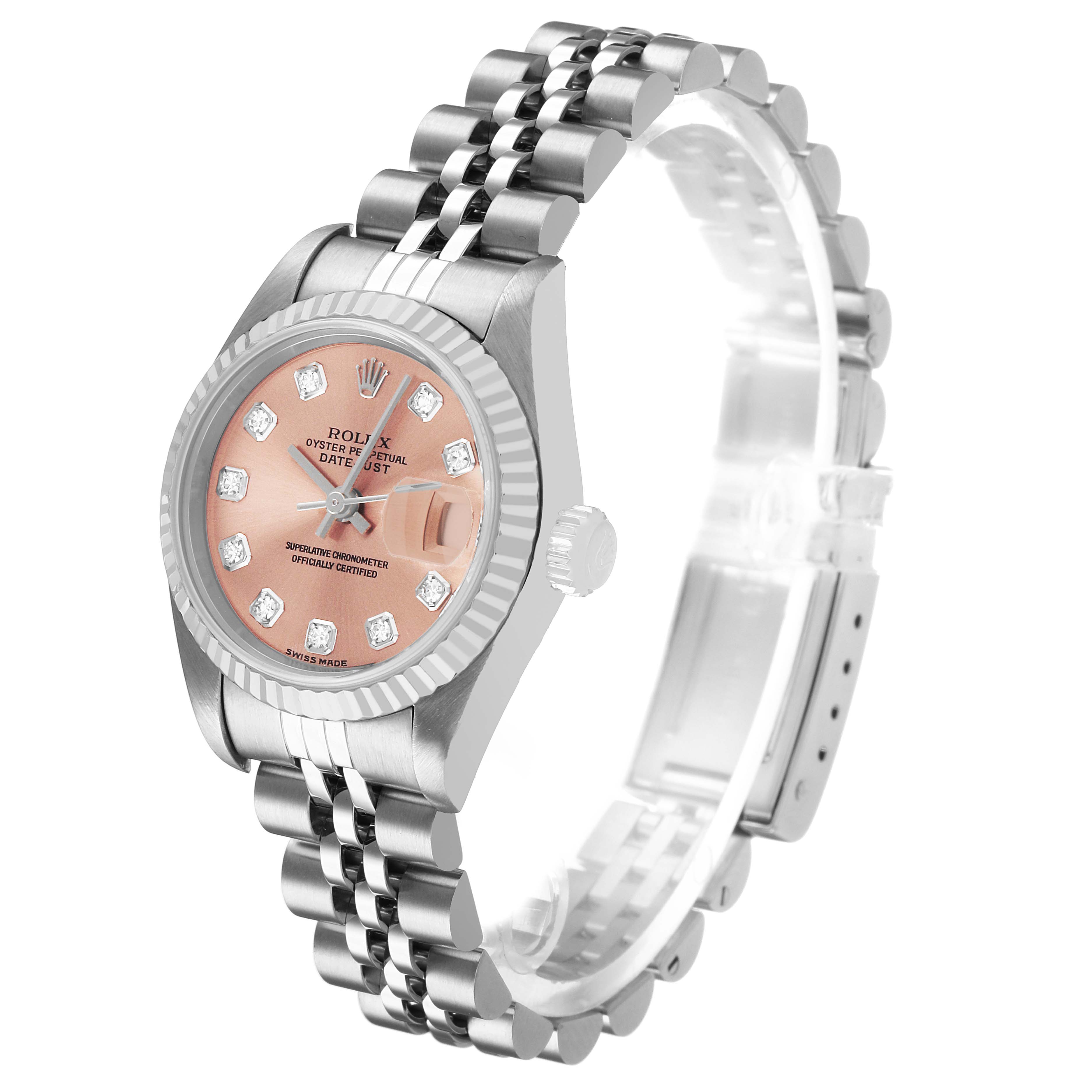 The Rolex Datejust 79174 Women's Stainless Steel Pink Dial watch is shown at a slight angle, displaying the face, bezel, crown, and part of the bracelet.