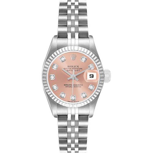 The Rolex Datejust 79174 Women's Stainless Steel Pink Dial watch is shown from a top view, highlighting the dial, bezel, and bracelet.