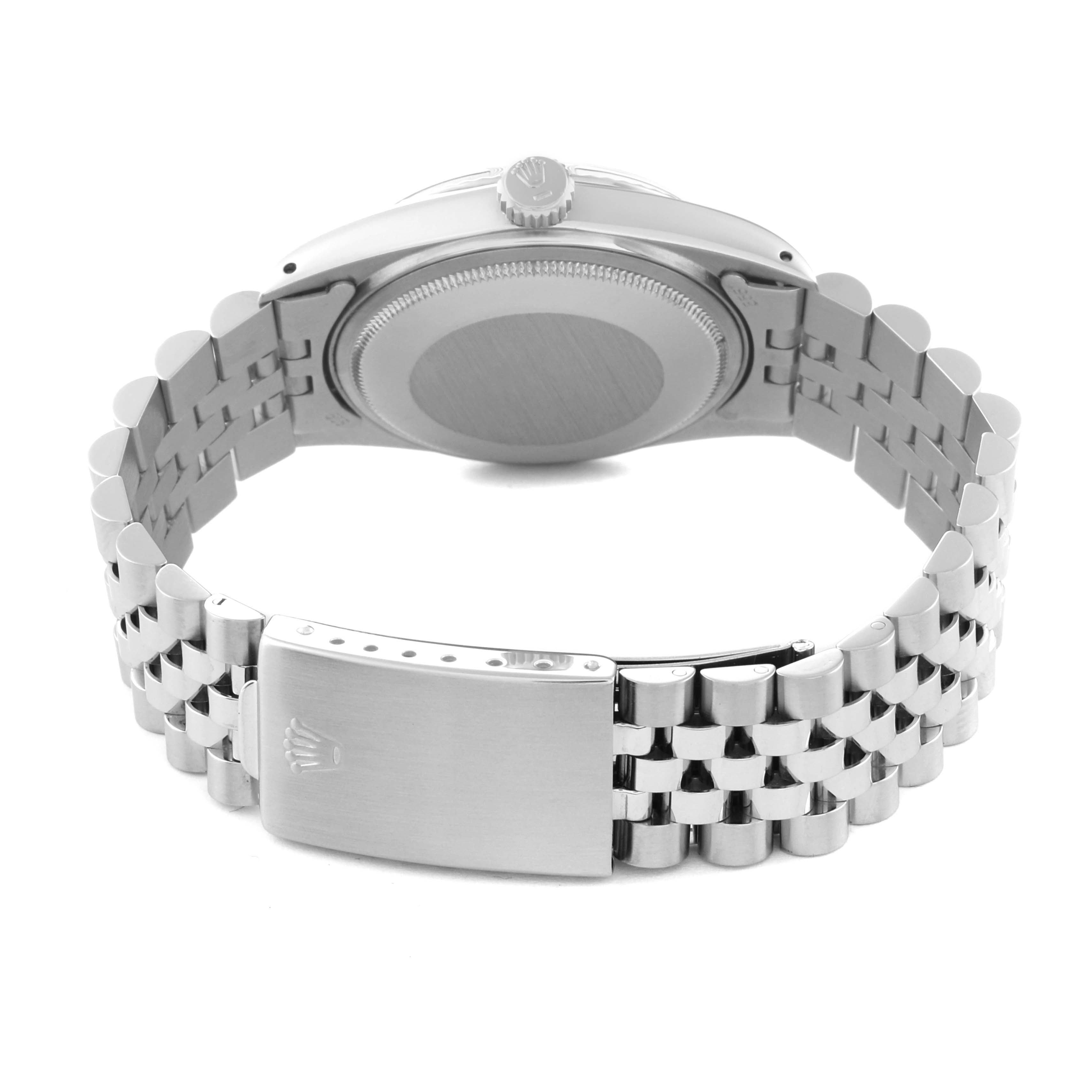 The image shows the back view of a Rolex Vintage Collection 16014 Men's Stainless Steel Silver Dial 16014 Men's Stainless Steel Silver Dial model, highlighting the case back and bracelet.