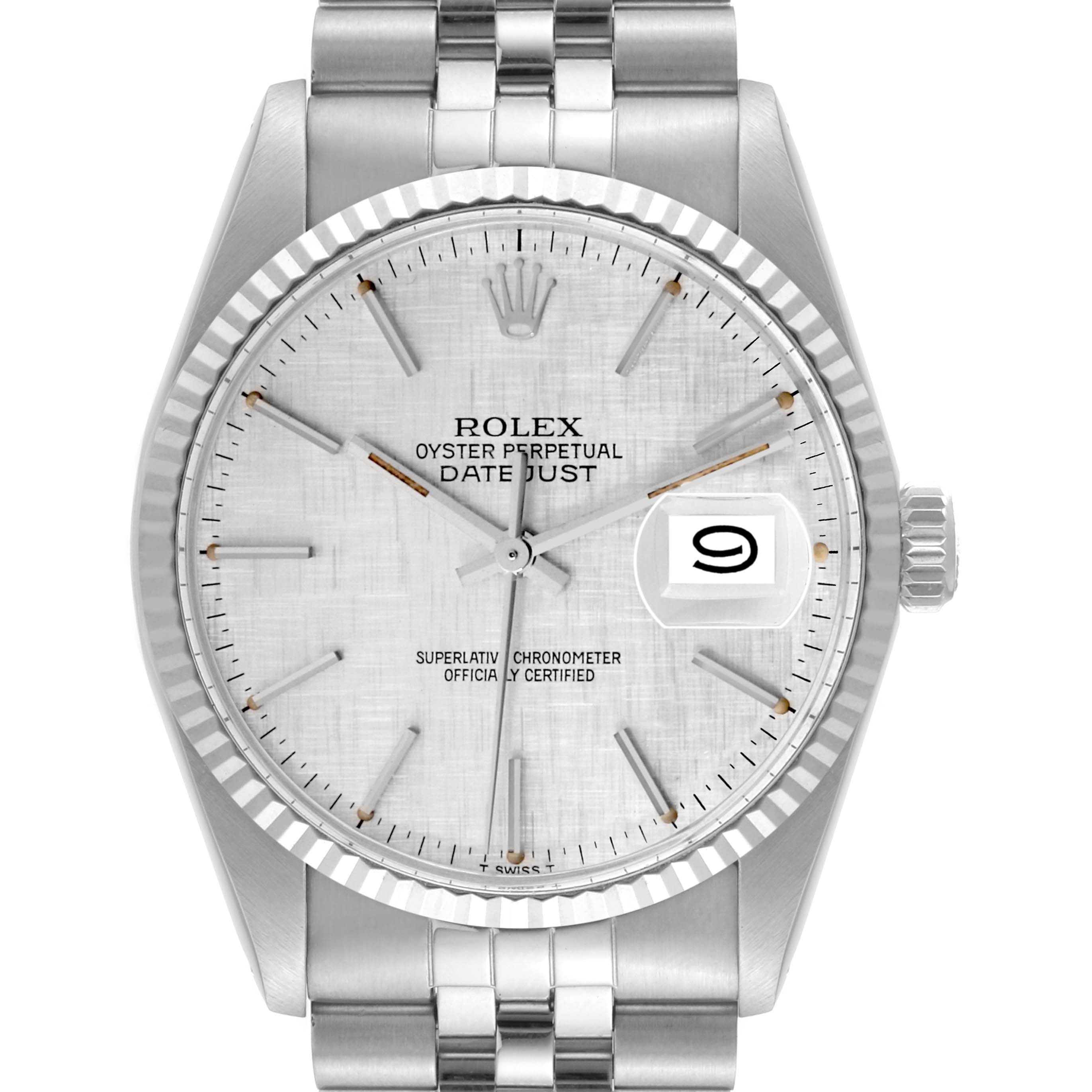 The image shows a front view of the Rolex Vintage Collection 16014 Men's Stainless Steel Silver Dial 16014 Men's Stainless Steel Silver Dial Datejust model, highlighting the dial, hands, date window, bezel, and bracelet.