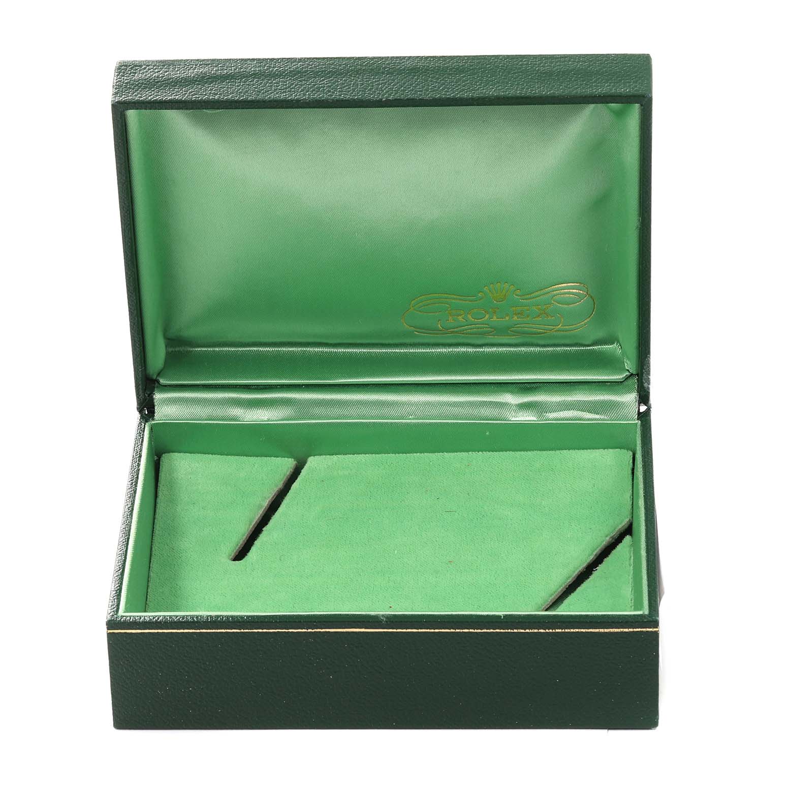 The image shows an empty Rolex Vintage Collection 16014 Men's Stainless Steel Silver Dial 16014 Men's Stainless Steel Silver Dial watch box, viewed from the front with its lid open.