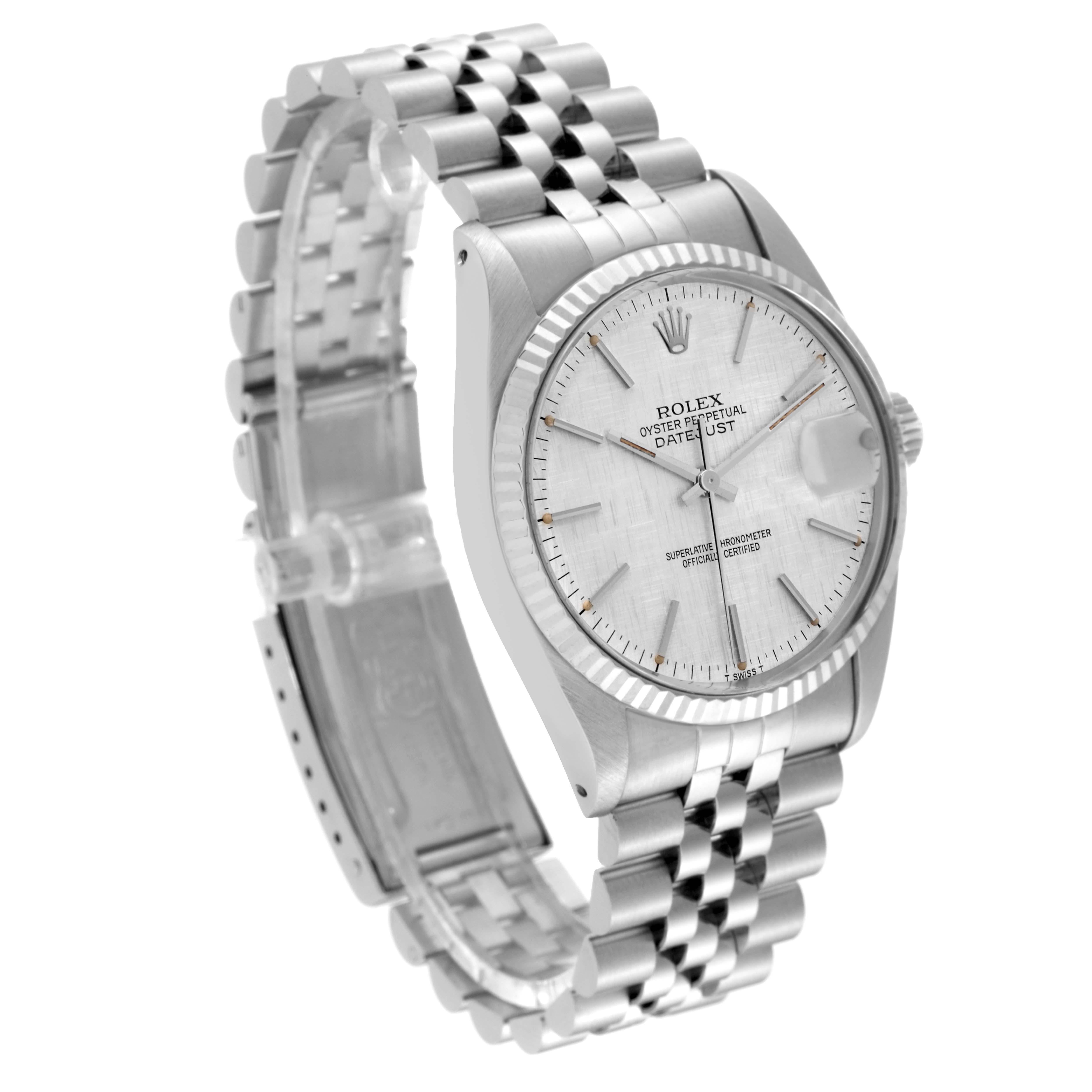 This image shows a Rolex Vintage Collection 16014 Men's Stainless Steel Silver Dial 16014 Men's Stainless Steel Silver Dial watch at a three-quarter angle, displaying its face, bracelet, and clasp.