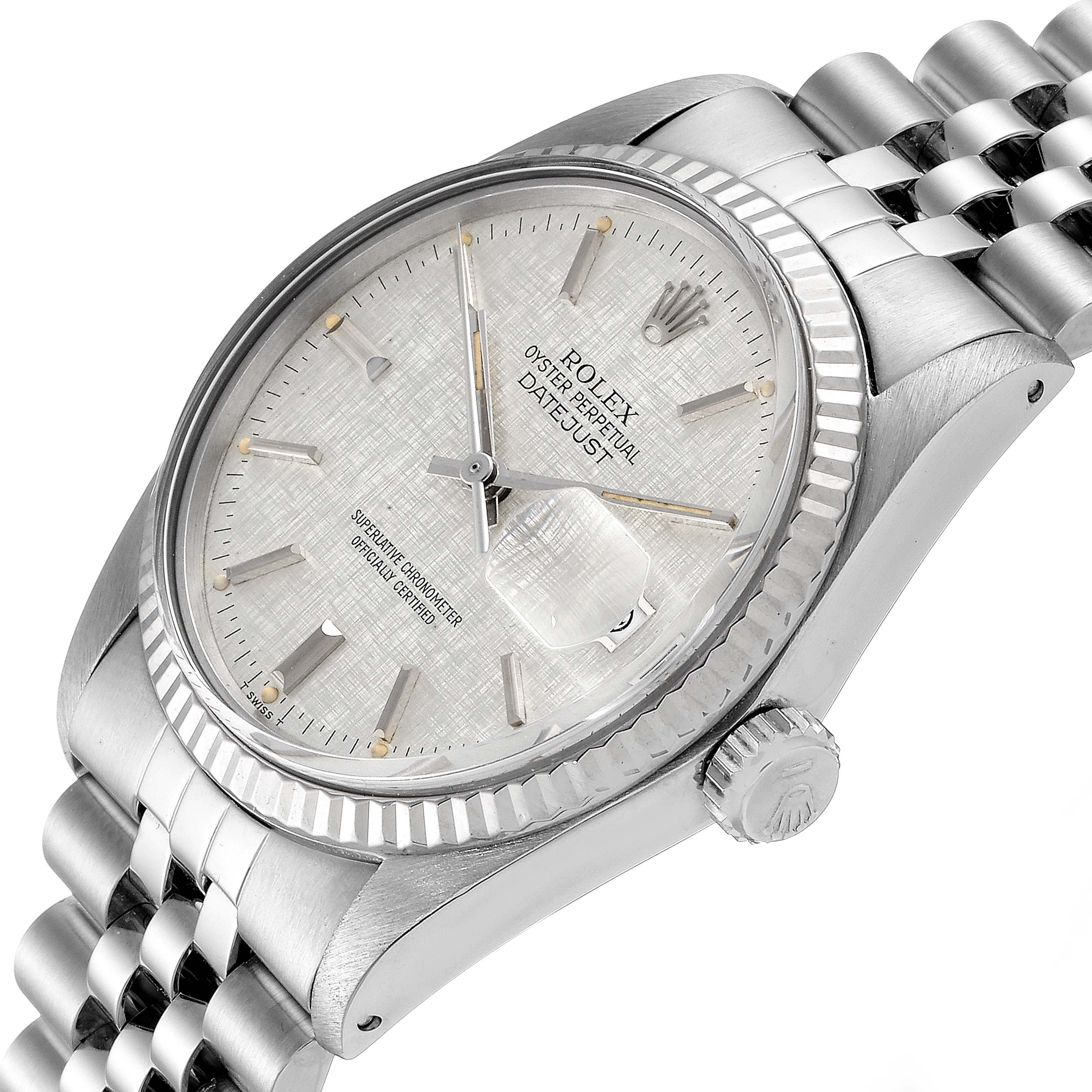 The image shows a close-up, angled view of the Rolex Vintage Collection 16014 Men's Stainless Steel Silver Dial 16014 Men's Stainless Steel Silver Dial model, highlighting the watch face, bezel, crown, and bracelet.