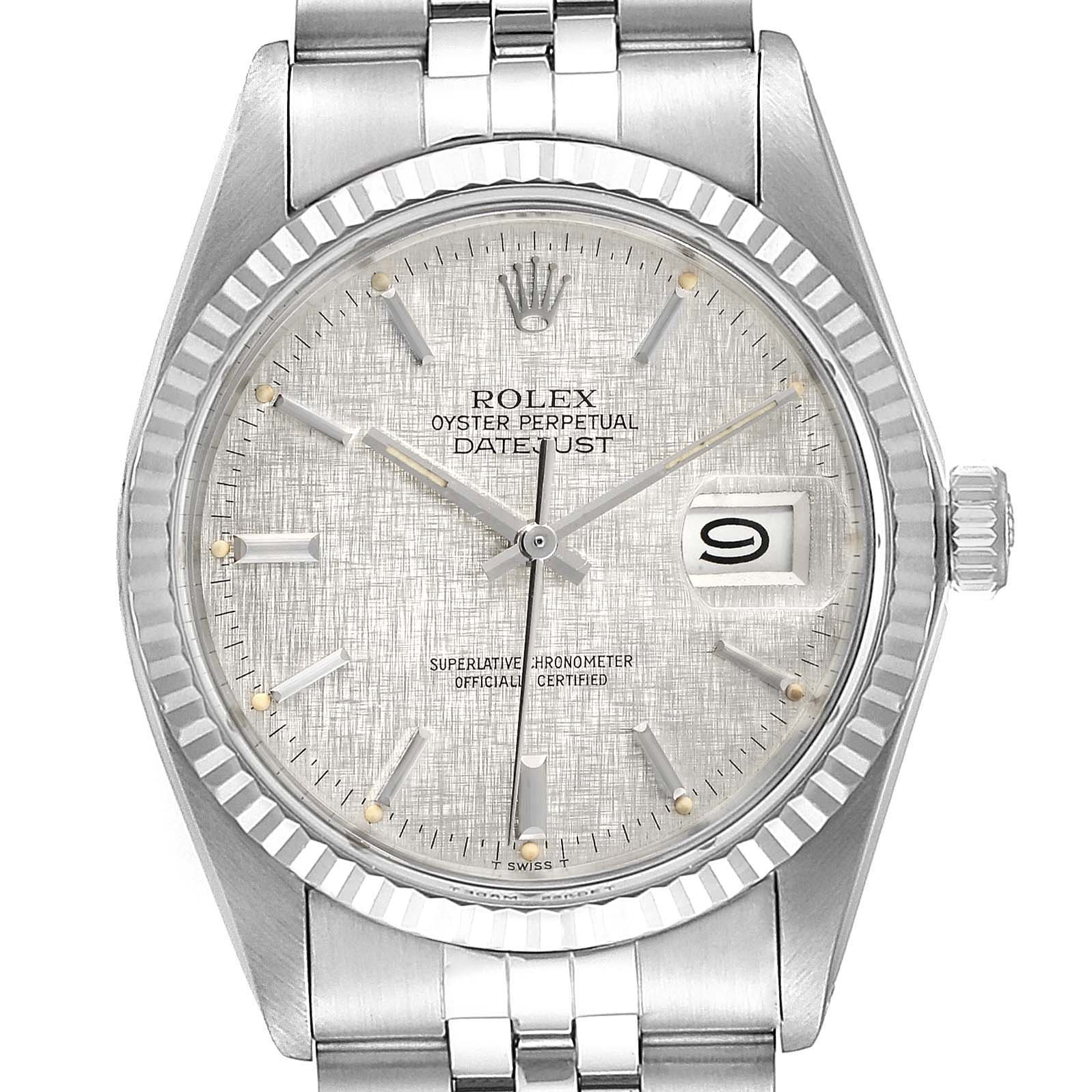 The image shows a front view of a Rolex Vintage Collection 16014 Men's Stainless Steel Silver Dial 16014 Men's Stainless Steel Silver Dial Datejust watch, displaying the face, bezel, crown, and part of the bracelet.