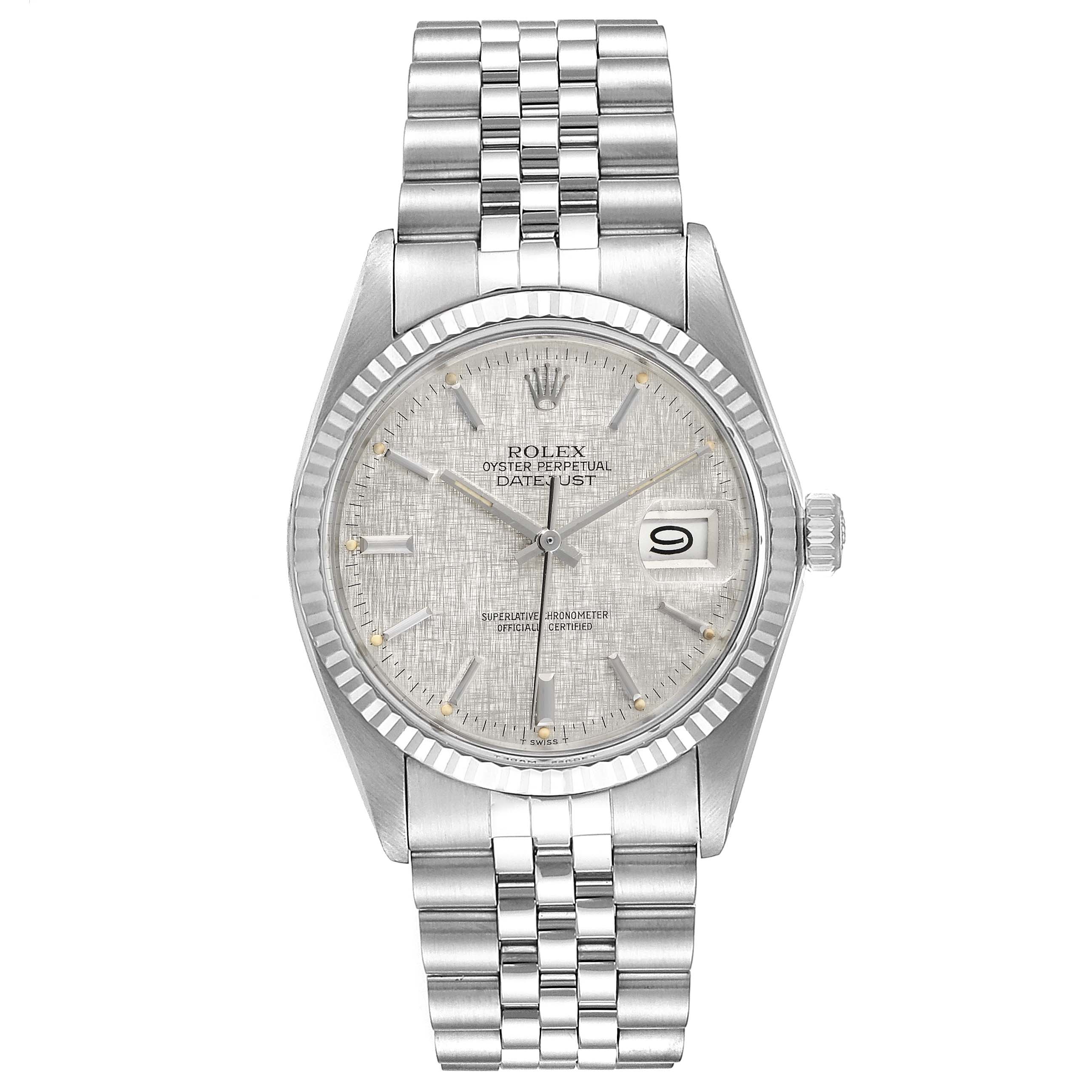 The image shows a front view of the Rolex Vintage Collection 16014 Men's Stainless Steel Silver Dial 16014 Men's Stainless Steel Silver Dial Oyster Perpetual Datejust watch, highlighting the dial, hands, date display, and bracelet.