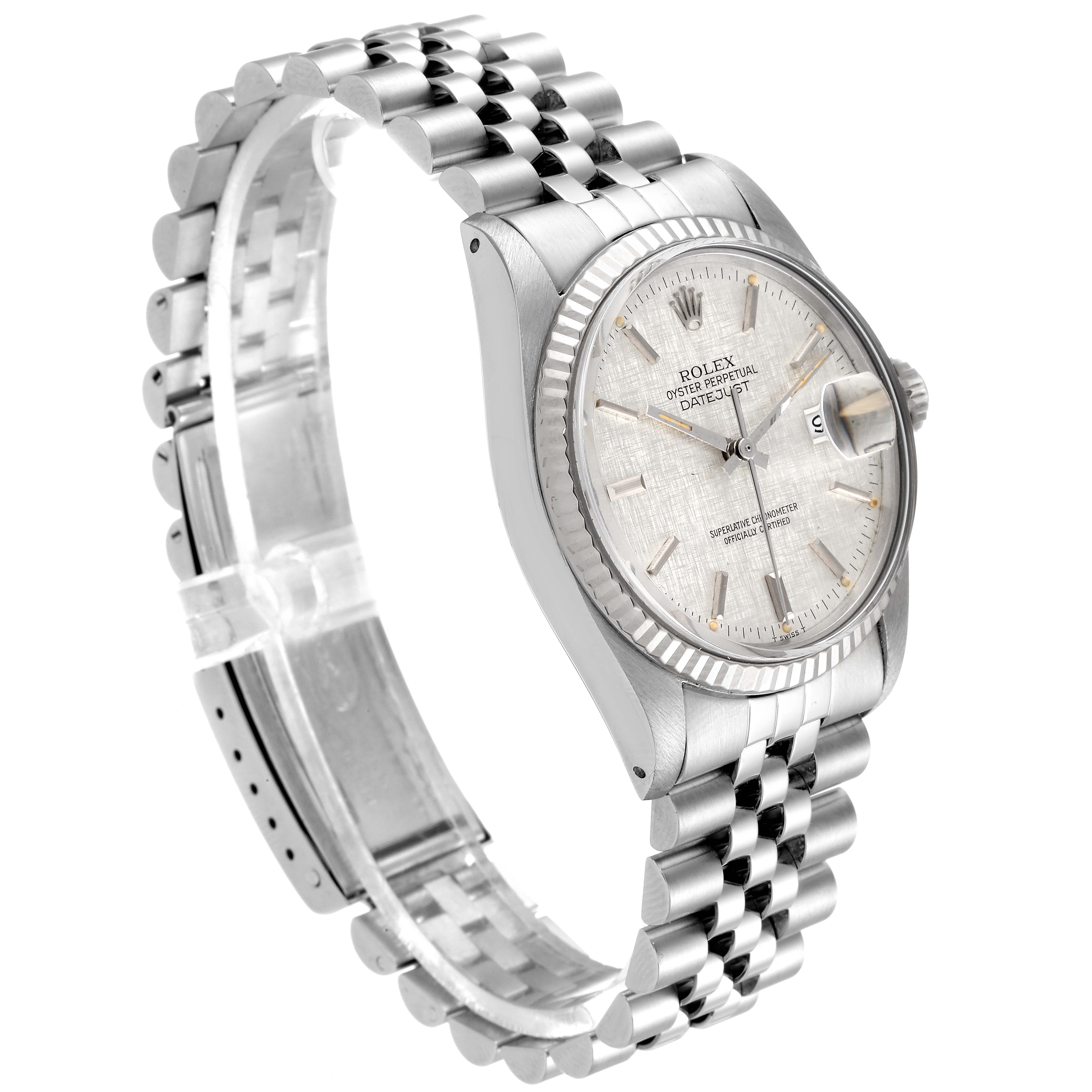 The image shows a side view of the Rolex Vintage Collection 16014 Men's Stainless Steel Silver Dial 16014 Men's Stainless Steel Silver Dial watch, highlighting the face, bezel, crown, and bracelet.