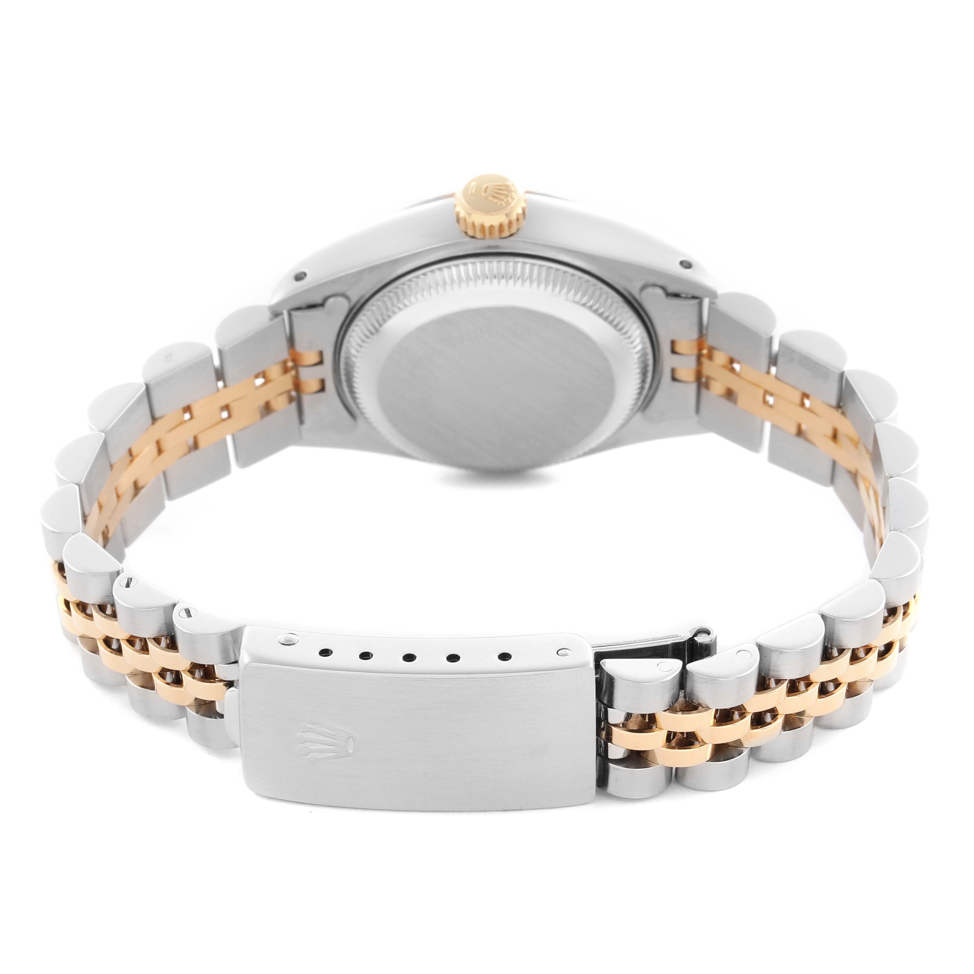 This image shows the back and bracelet of a Rolex Datejust 69173 Women
s Steel and Gold (two tone) Champagne Dial 69173 Women
s Steel and Gold (two tone) Champagne Dial watch, featuring a two-tone metal link design and the crown on the clasp.
