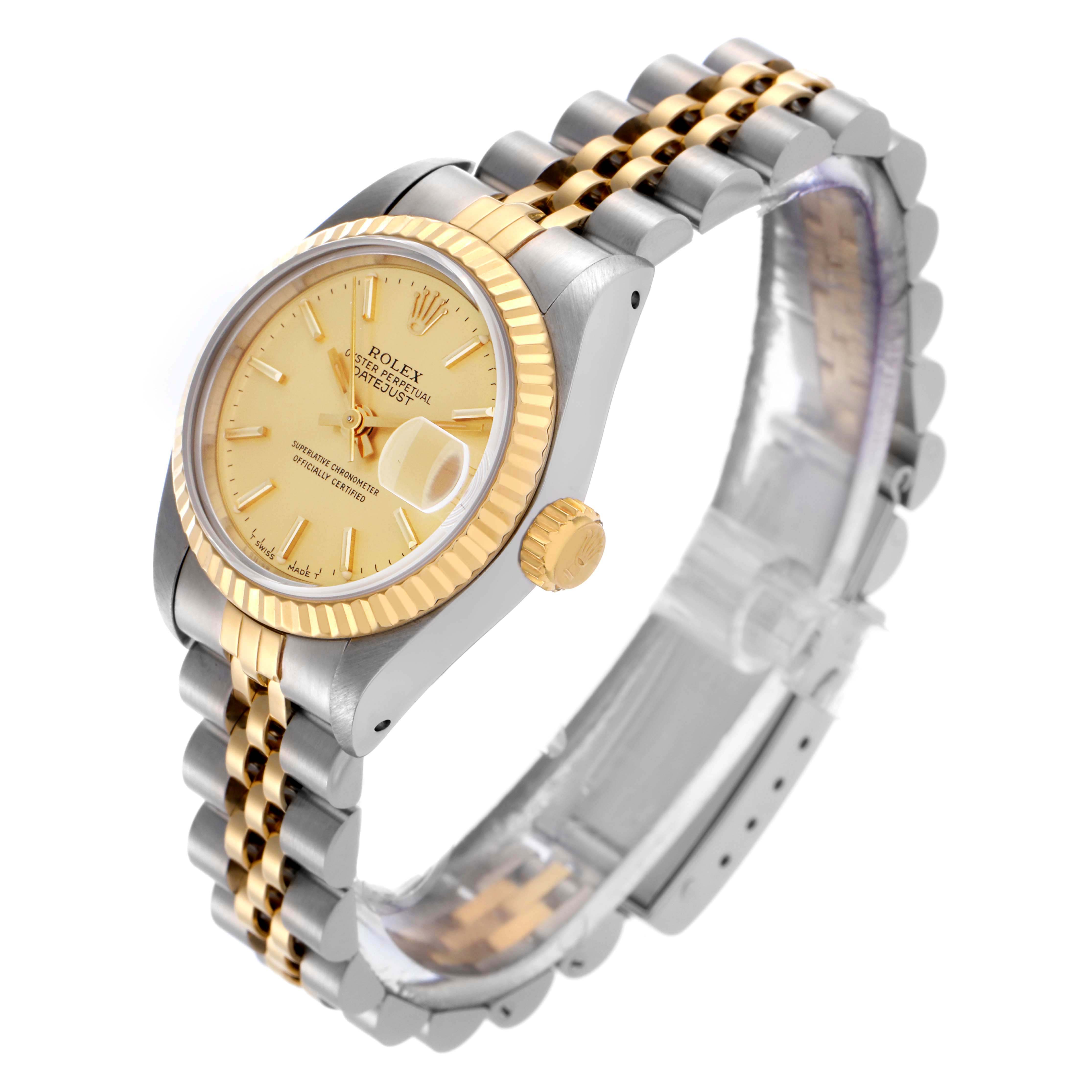 The Rolex Datejust 69173 Women
s Steel and Gold (two tone) Champagne Dial 69173 Women
s Steel and Gold (two tone) Champagne Dial watch is shown at a three-quarter angle, highlighting the dial, bezel, crown, and bracelet.