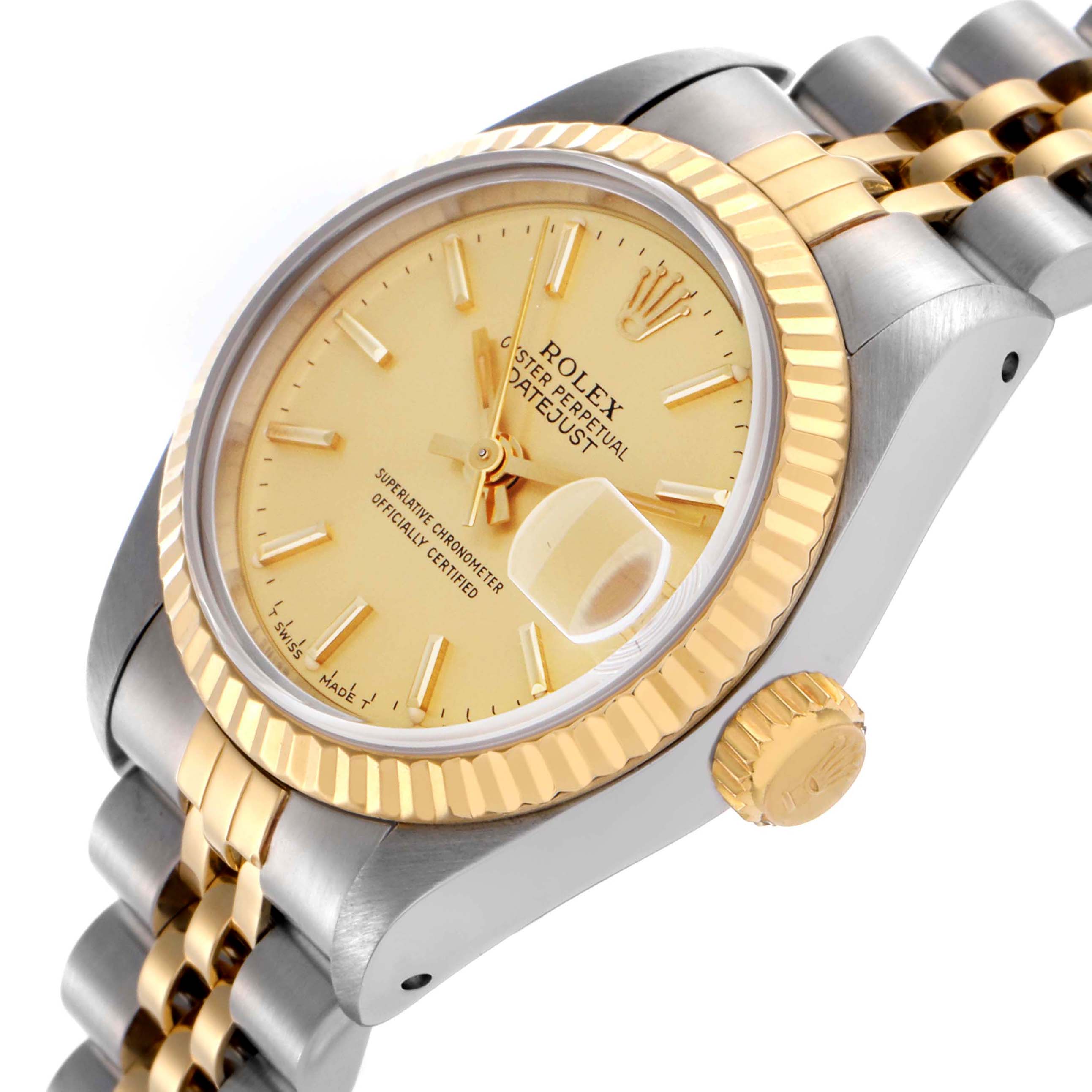 The image shows a Rolex Datejust 69173 Women
s Steel and Gold (two tone) Champagne Dial 69173 Women
s Steel and Gold (two tone) Champagne Dial at an angled side view, highlighting the crown, bezel, and jubilee bracelet.
