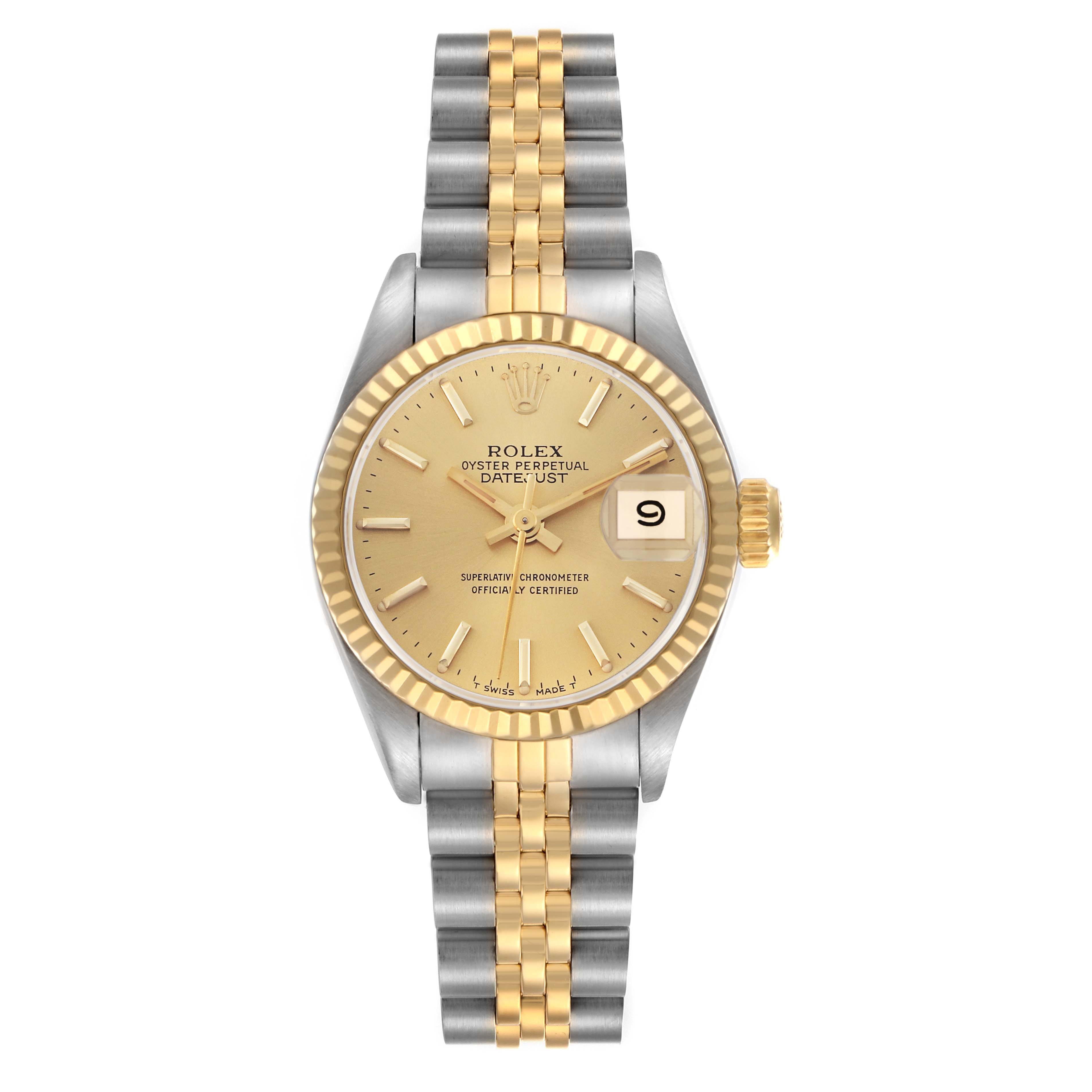 The Rolex Datejust 69173 Women
s Steel and Gold (two tone) Champagne Dial 69173 Women
s Steel and Gold (two tone) Champagne Dial watch is shown from the front, displaying its gold dial, date window, two-tone bracelet, and fluted bezel.