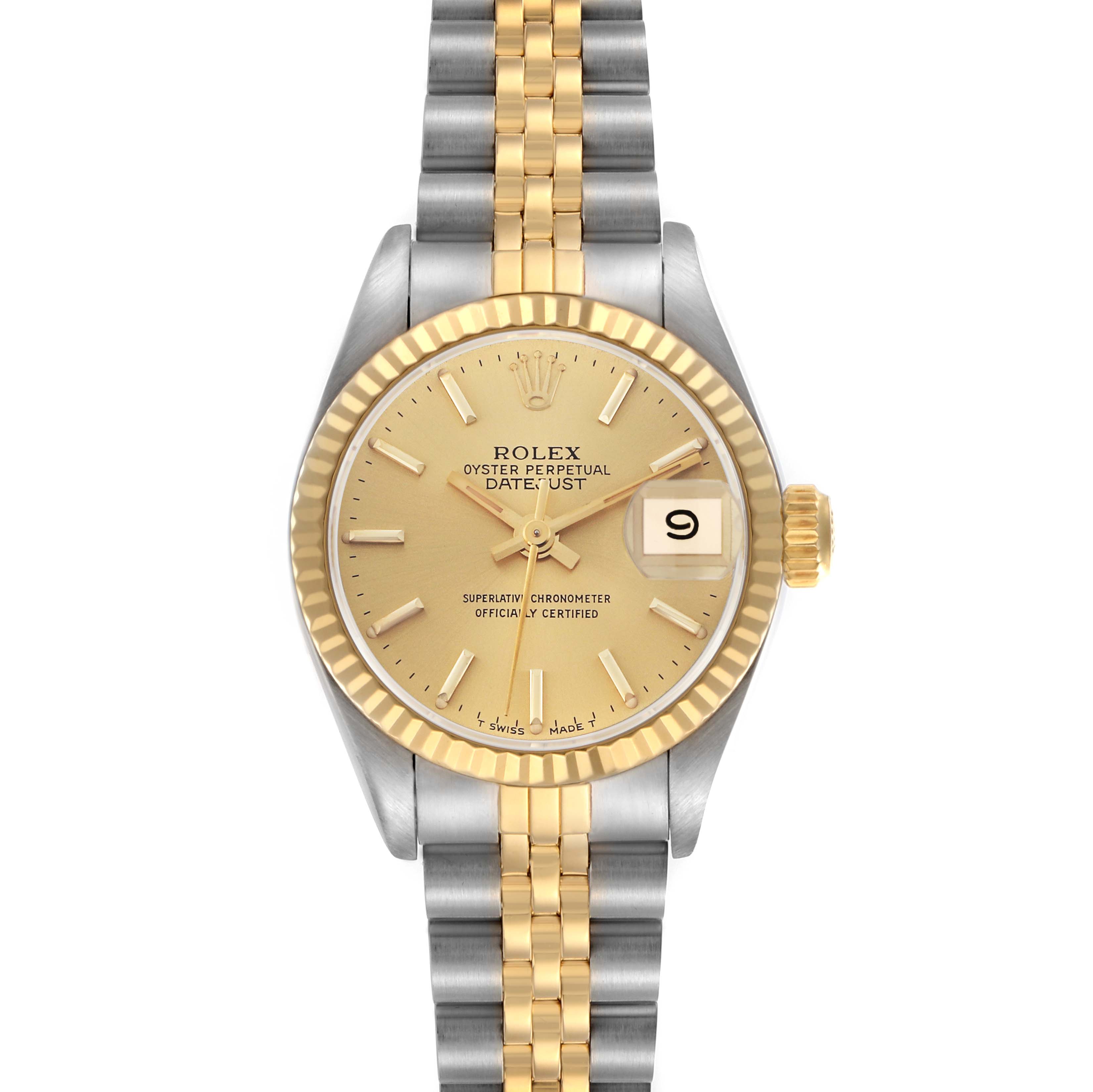 The Rolex Datejust 69173 Women
s Steel and Gold (two tone) Champagne Dial 69173 Women
s Steel and Gold (two tone) Champagne Dial watch is shown from a top-down angle, displaying its dial, fluted bezel, and two-tone bracelet.