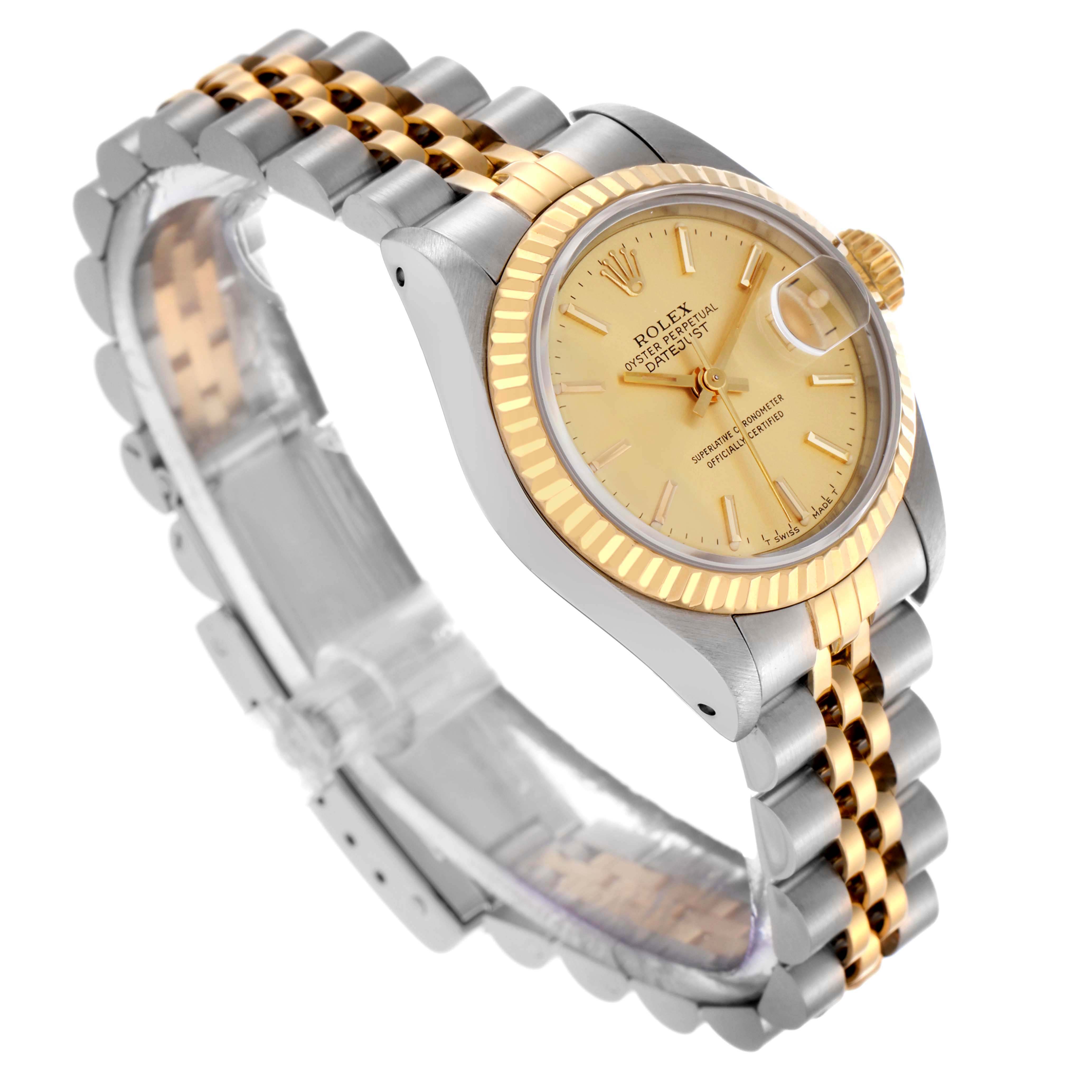 The Rolex Datejust 69173 Women
s Steel and Gold (two tone) Champagne Dial 69173 Women
s Steel and Gold (two tone) Champagne Dial is shown at an angled side view, displaying the bracelet, bezel, case, and dial.