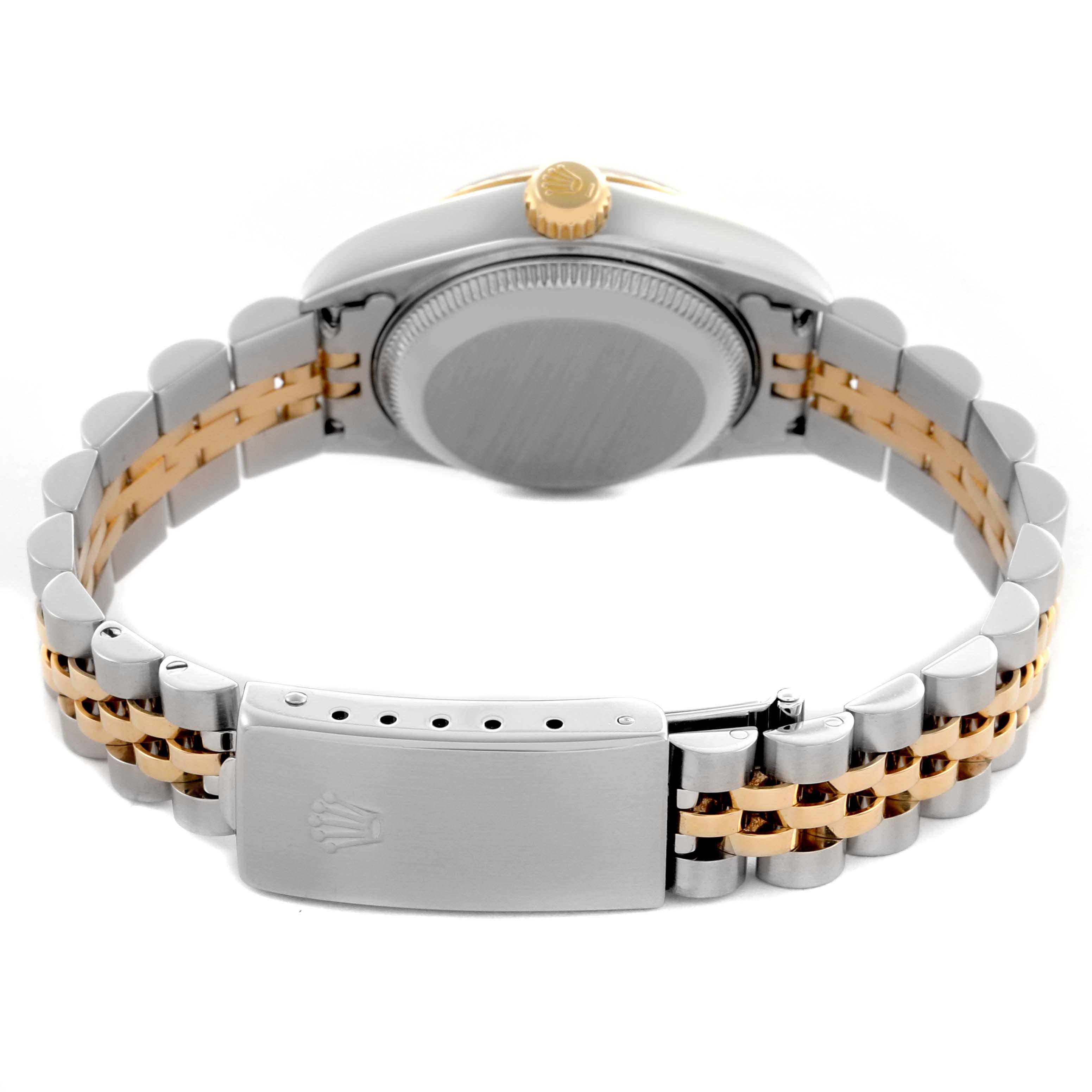 The image shows the back view of a Rolex Datejust 79173 Women's Steel and Gold (two tone) Champagne Dial 79173 Women's Steel and Gold (two tone) Champagne Dial watch, highlighting the clasp, bracelet, case back, and crown.