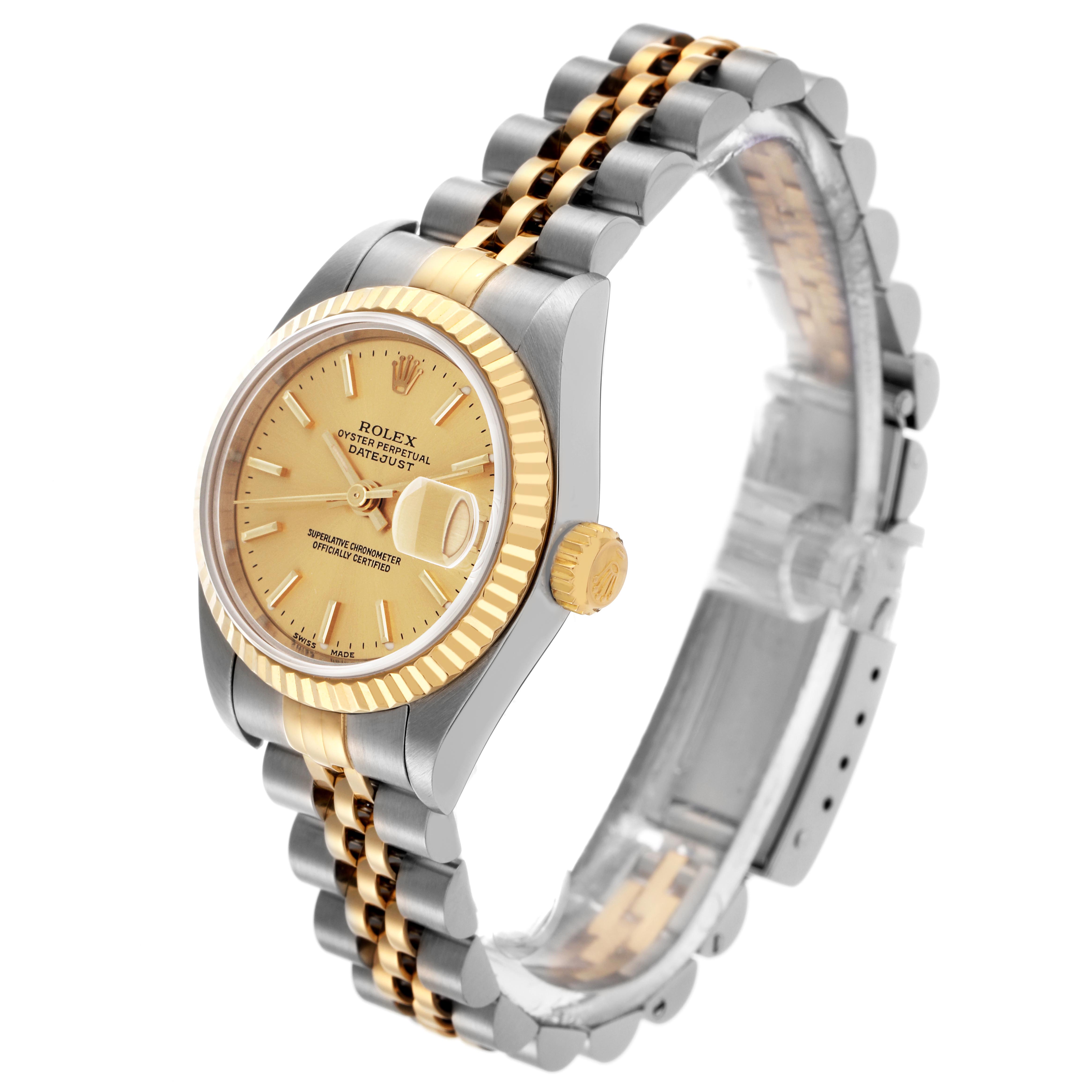 The Rolex Datejust 79173 Women's Steel and Gold (two tone) Champagne Dial 79173 Women's Steel and Gold (two tone) Champagne Dial watch is shown at a slight angle, displaying the dial, bezel, bracelet, and crown.