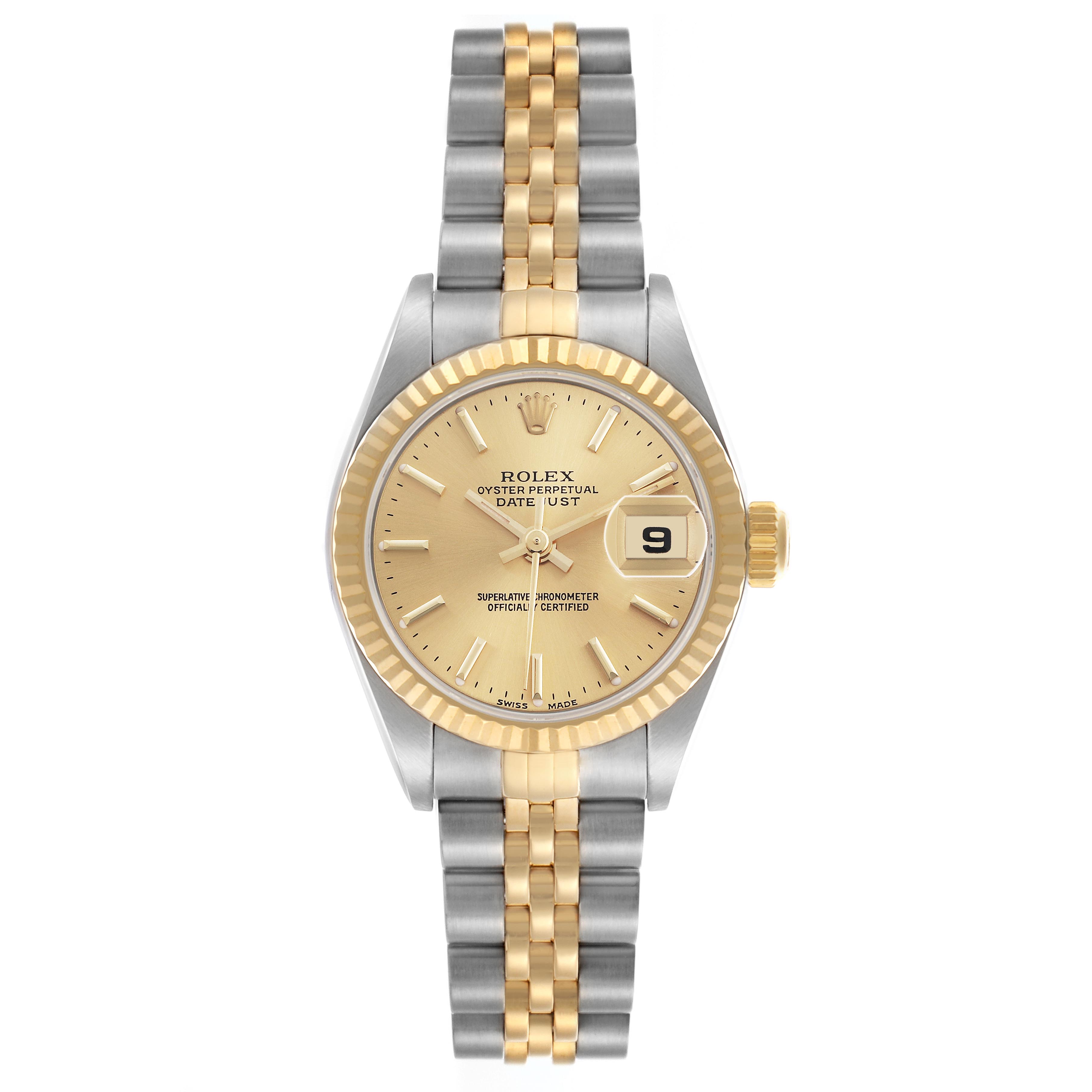 The Rolex Datejust 79173 Women's Steel and Gold (two tone) Champagne Dial 79173 Women's Steel and Gold (two tone) Champagne Dial watch is shown from the front, highlighting its dial, bezel, and entire bracelet.