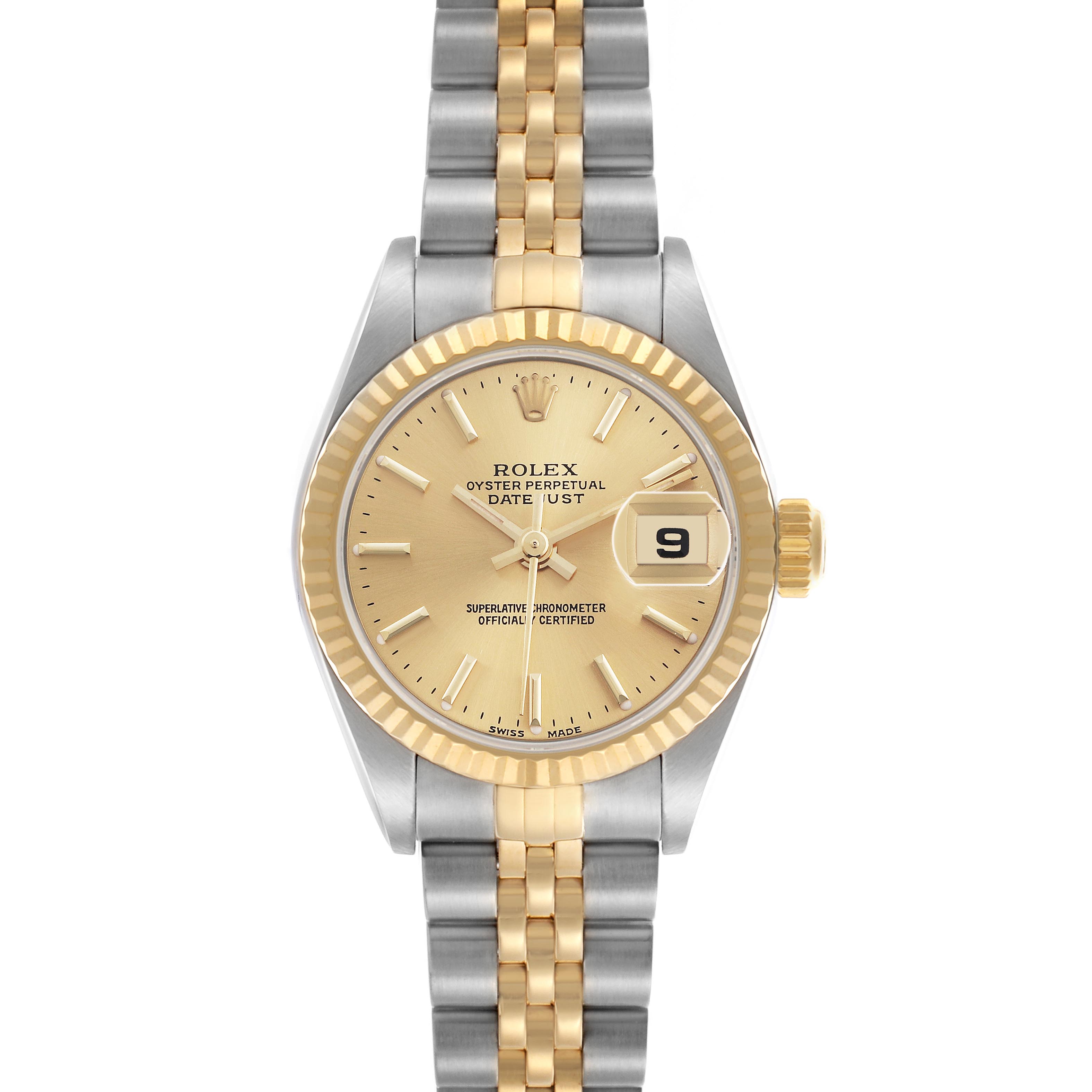 The Rolex Datejust 79173 Women's Steel and Gold (two tone) Champagne Dial 79173 Women's Steel and Gold (two tone) Champagne Dial watch is shown from a top-down angle, displaying the face, bezel, crown, and two-tone bracelet.
