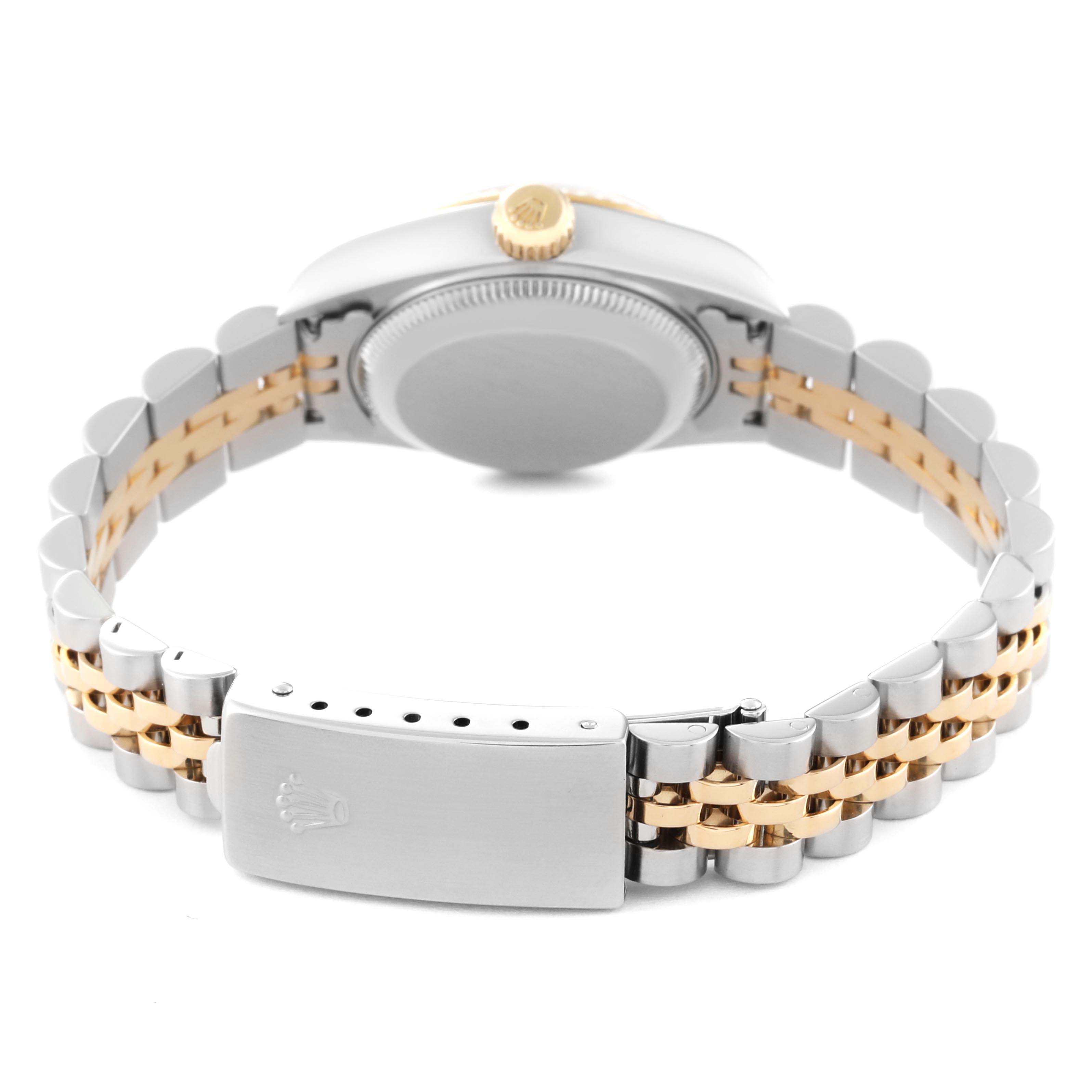 The image shows the back of a Rolex Datejust 79173 Women's Steel and Gold (two tone) Champagne Dial 79173 Women's Steel and Gold (two tone) Champagne Dial watch, featuring its caseback, crown, and Jubilee bracelet with a clasp.
