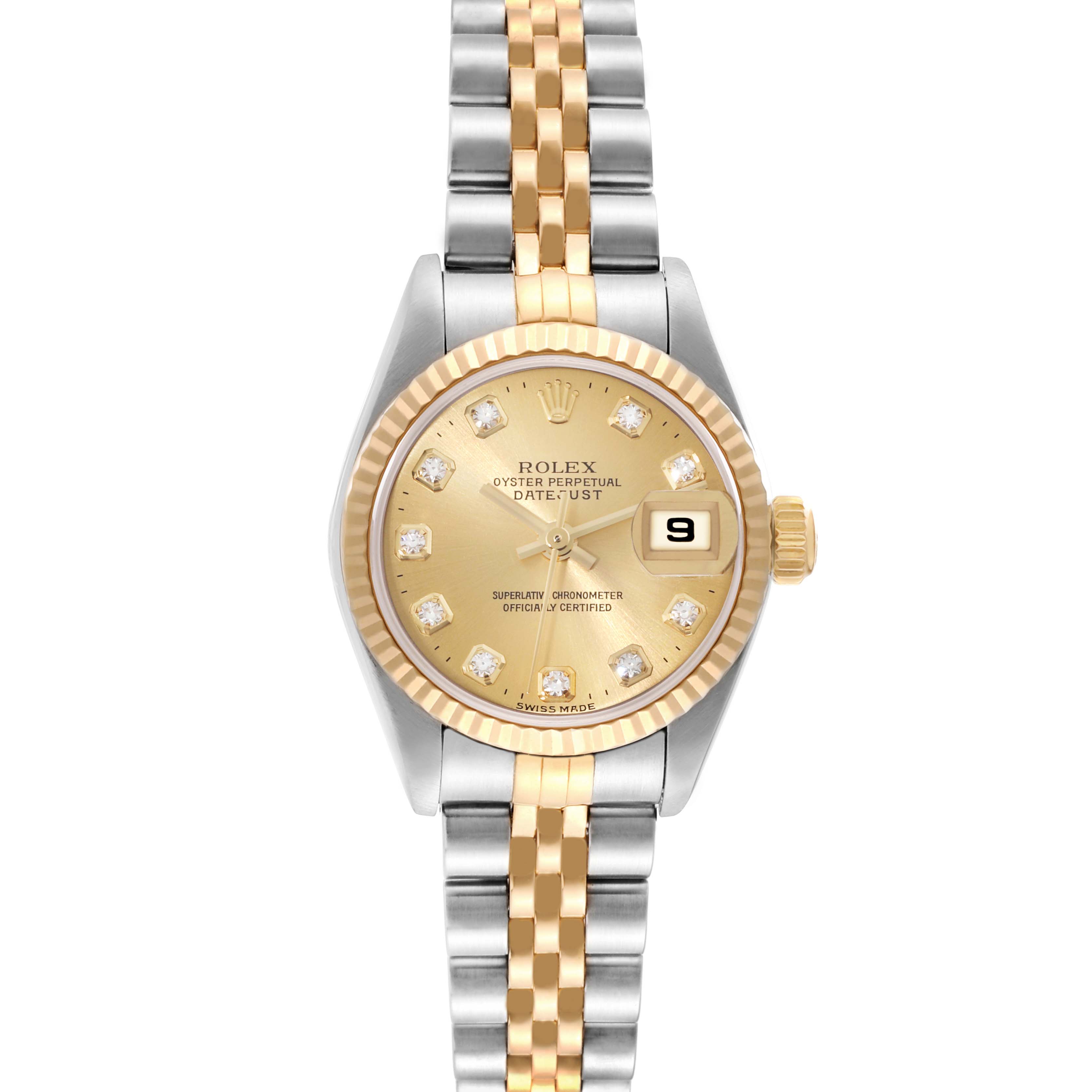 The Rolex Datejust 79173 Women's Steel and Gold (two tone) Champagne Dial 79173 Women's Steel and Gold (two tone) Champagne Dial watch is shown from a straight-on angle, displaying the face, bezel, crown, and bracelet.