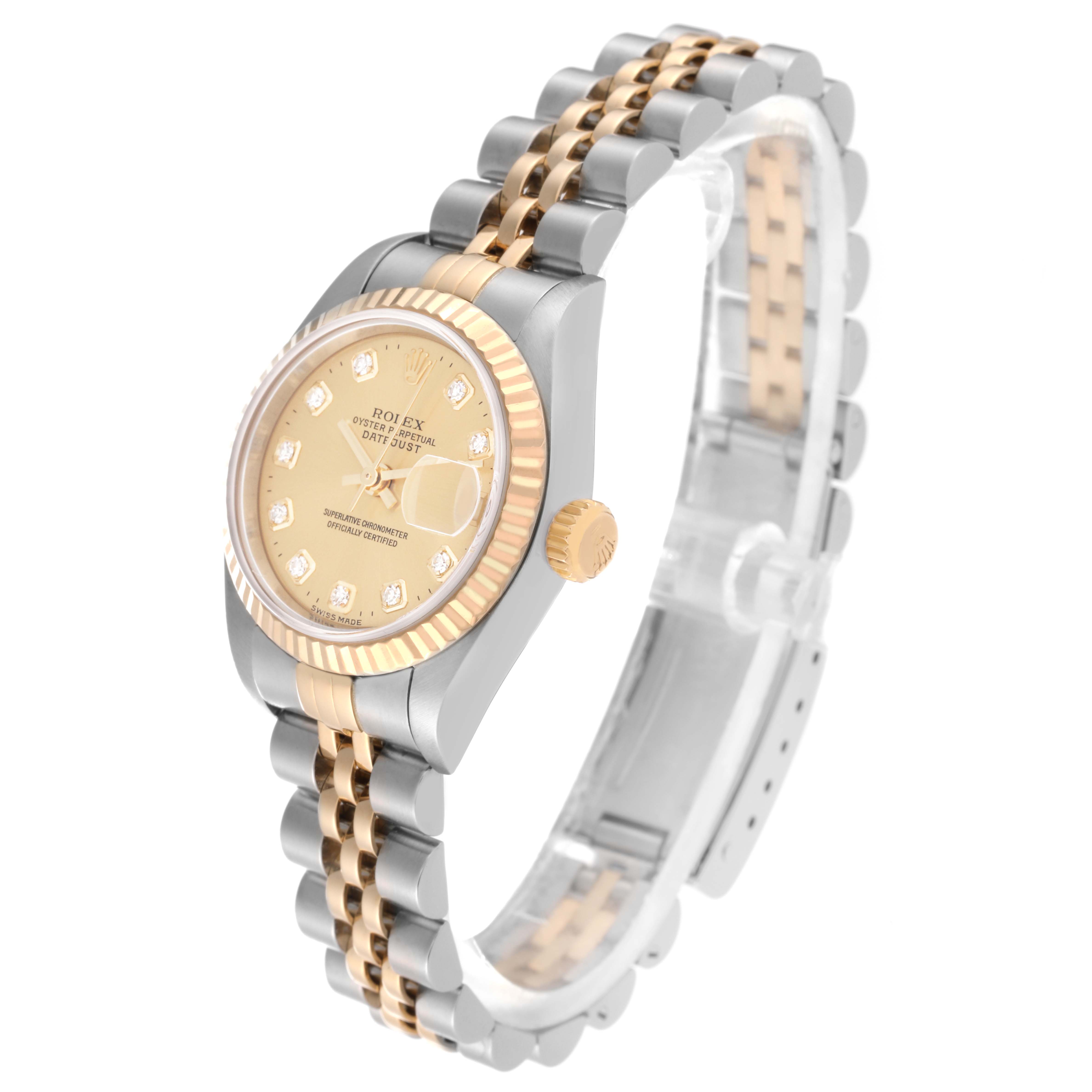 This image shows a Rolex Datejust 79173 Women's Steel and Gold (two tone) Champagne Dial 79173 Women's Steel and Gold (two tone) Champagne Dial watch at a three-quarter angle, highlighting the case, dial, crown, and the two-tone Jubilee bracelet.