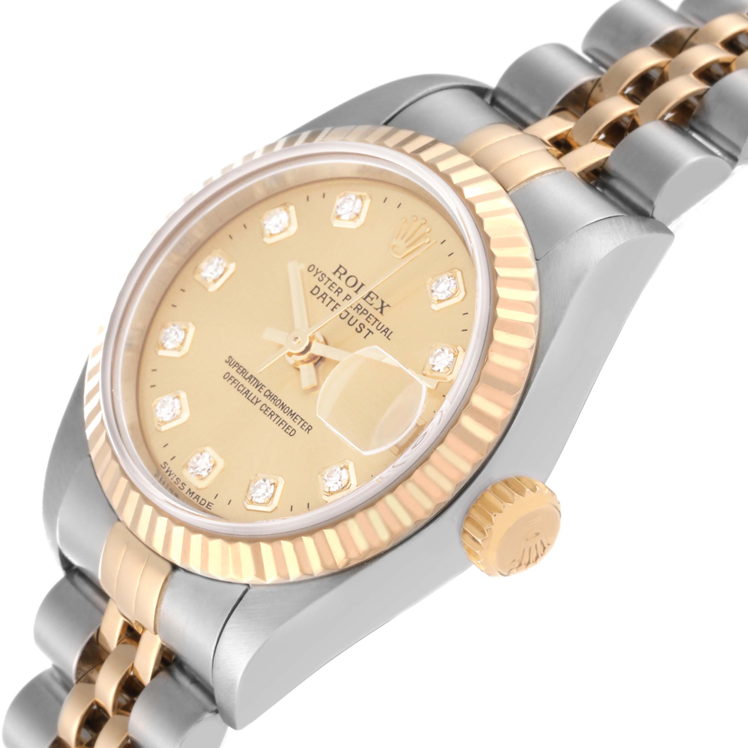 The Rolex Datejust 79173 Women's Steel and Gold (two tone) Champagne Dial 79173 Women's Steel and Gold (two tone) Champagne Dial watch is shown at an angled side view, highlighting the dial, fluted bezel, and part of the bracelet.