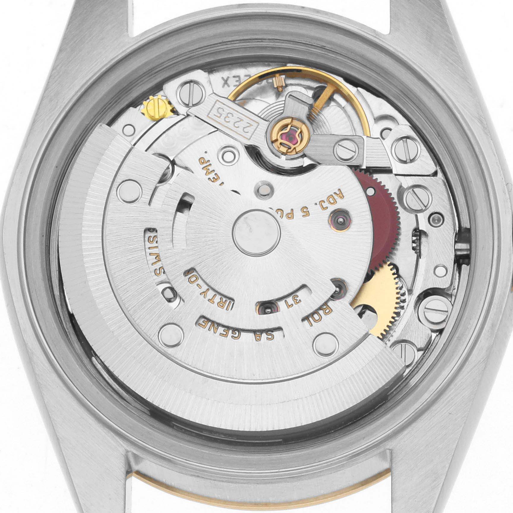 The image shows the back of the Rolex Datejust 79173 Women's Steel and Gold (two tone) Champagne Dial 79173 Women's Steel and Gold (two tone) Champagne Dial watch with the movement and internal mechanisms visible.