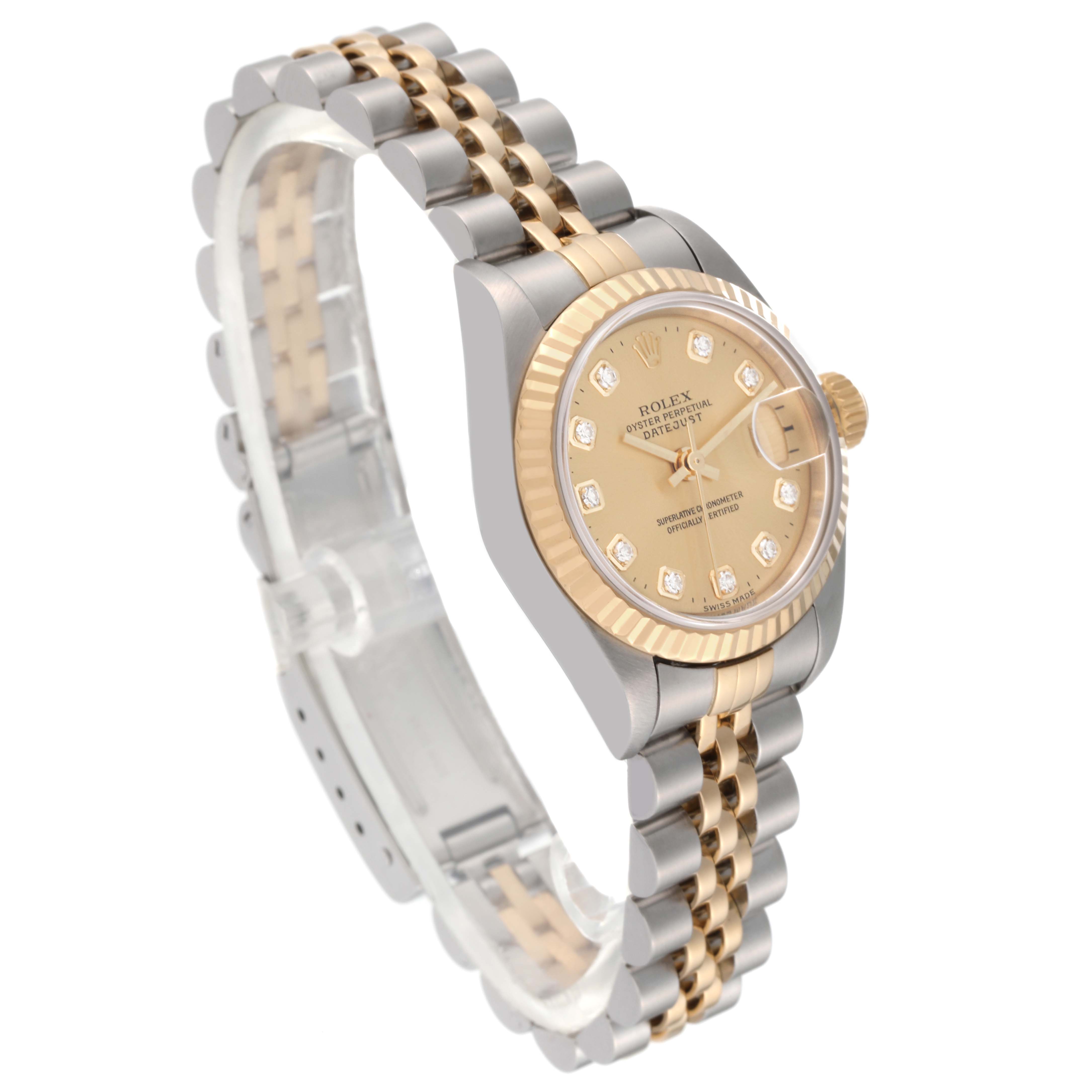 This is an angled view of a Rolex Datejust 79173 Women's Steel and Gold (two tone) Champagne Dial 79173 Women's Steel and Gold (two tone) Champagne Dial watch, showing the face, bezel, crown, and two-tone bracelet.