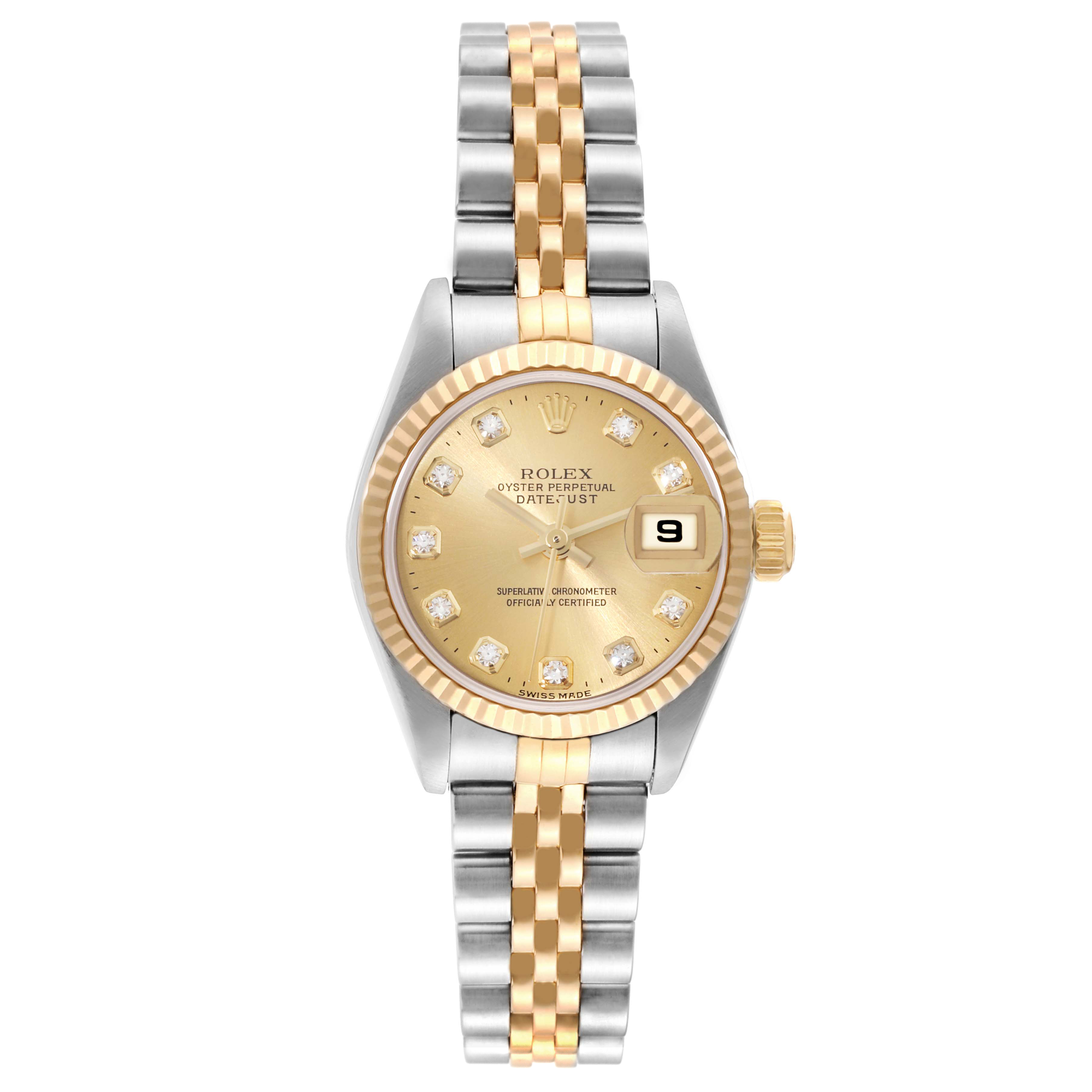This Rolex Datejust 79173 Women's Steel and Gold (two tone) Champagne Dial 79173 Women's Steel and Gold (two tone) Champagne Dial watch is shown from the front, displaying the dial, bezel, crown, and two-tone bracelet.