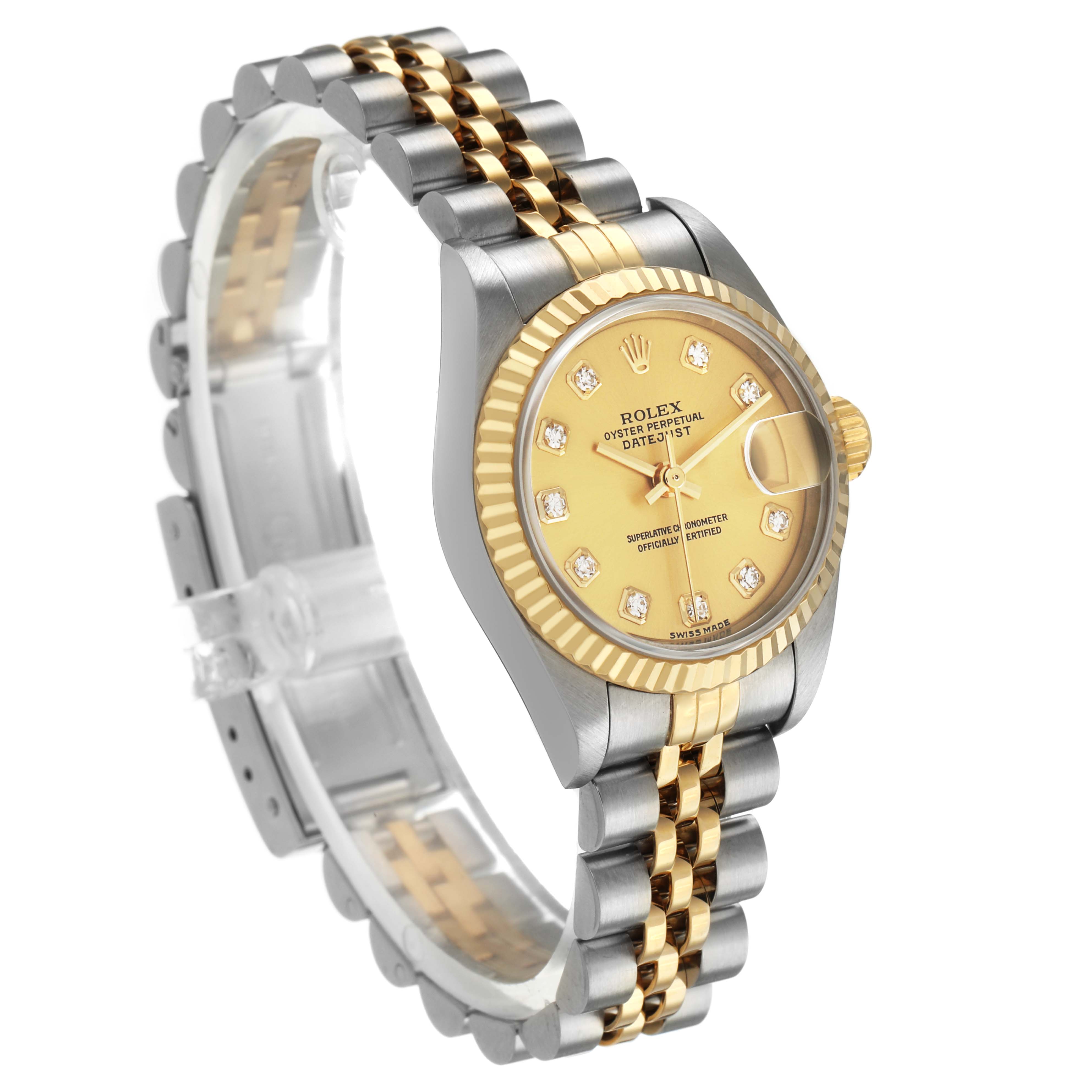 The Rolex Datejust 79173 Women's Steel and Gold (two tone) Champagne Dial watch is shown at an angled side view, highlighting the gold bezel, champagne dial, and two-tone bracelet.