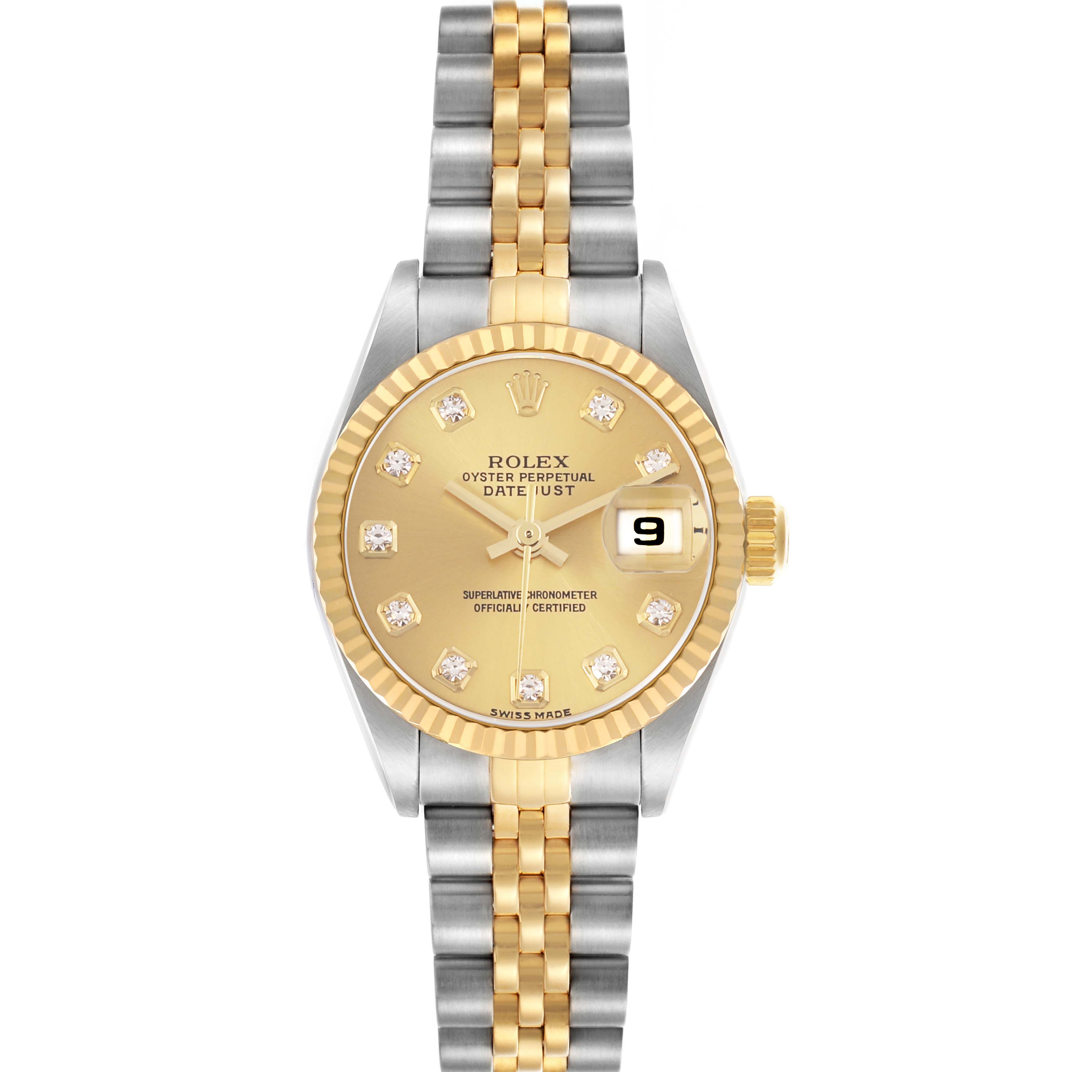 The Rolex Datejust 79173 Women's Steel and Gold (two tone) Champagne Dial watch is shown from a top-down angle, highlighting the dial, bezel, and two-tone metal bracelet.