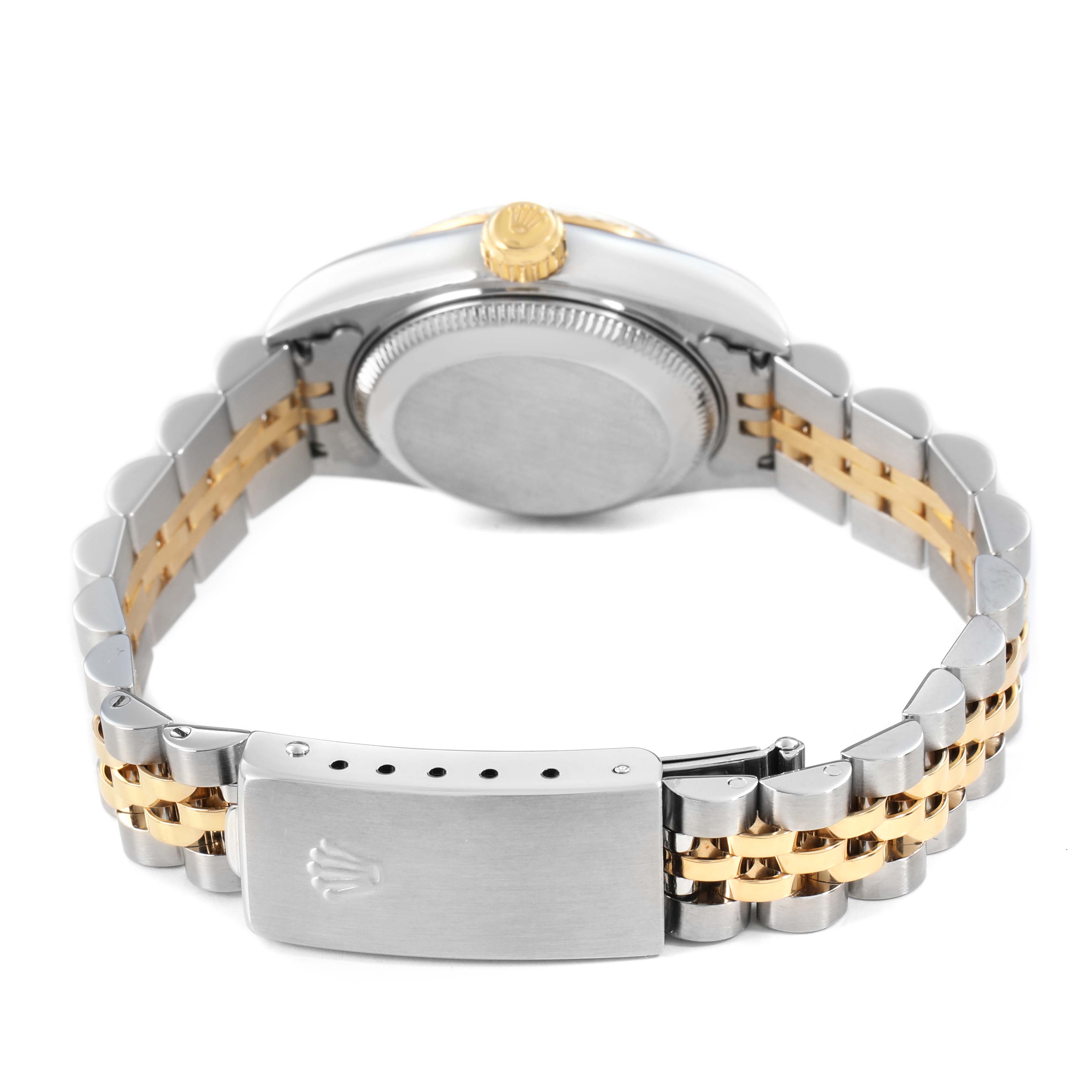 The image shows the Rolex Datejust 79173 Women's Steel and Gold (two tone) Champagne Dial watch from the back, highlighting the case back, bracelet, and clasp.