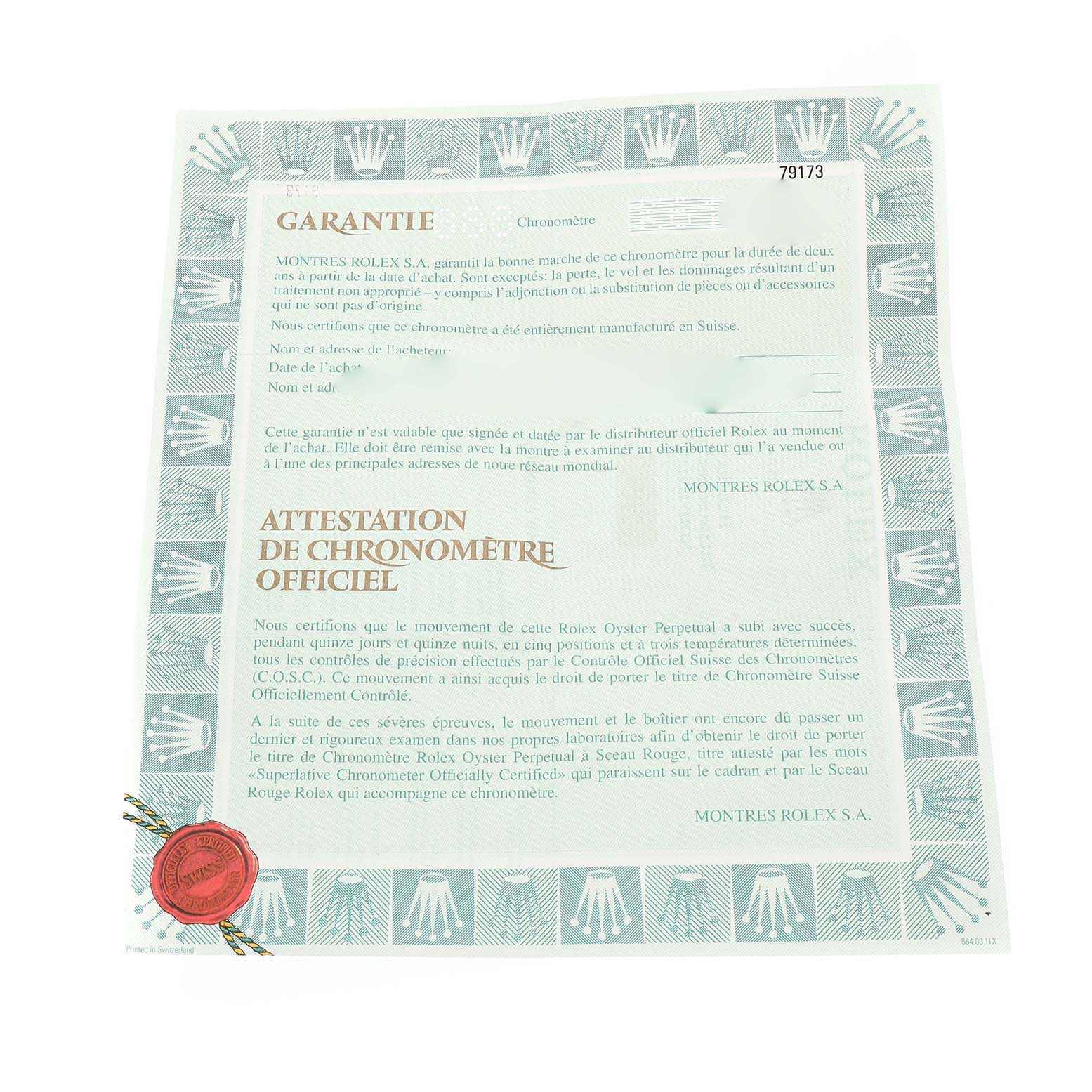 The image shows a warranty document for the Rolex Datejust 79173 Women's Steel and Gold (two tone) Champagne Dial model, featuring text and the Rolex logo border.