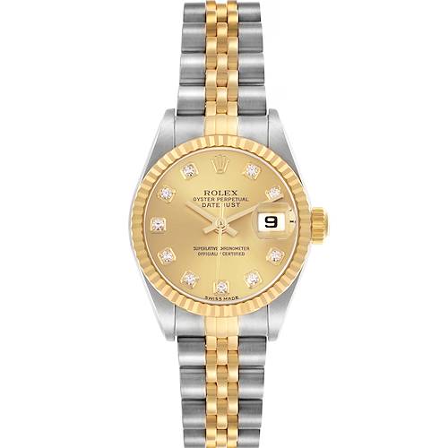 The Rolex Datejust 79173 Women's Steel and Gold (two tone) Champagne Dial watch is shown from the front, displaying the bezel, dial, hands, date window, and bracelet.