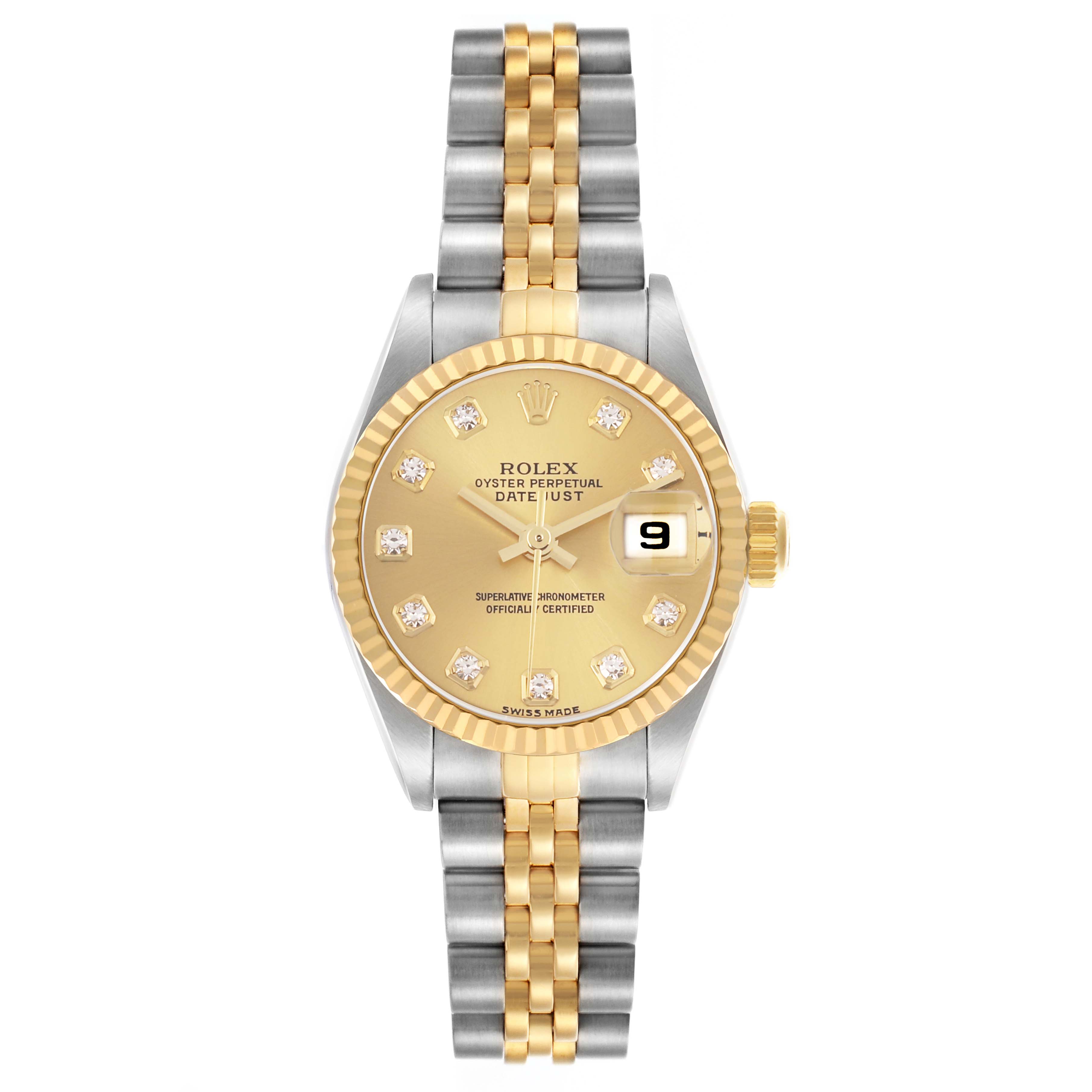 The Rolex Datejust 79173 Women's Steel and Gold (two tone) Champagne Dial watch is shown from a top-down angle, highlighting its gold dial, jubilee bracelet, and date feature.