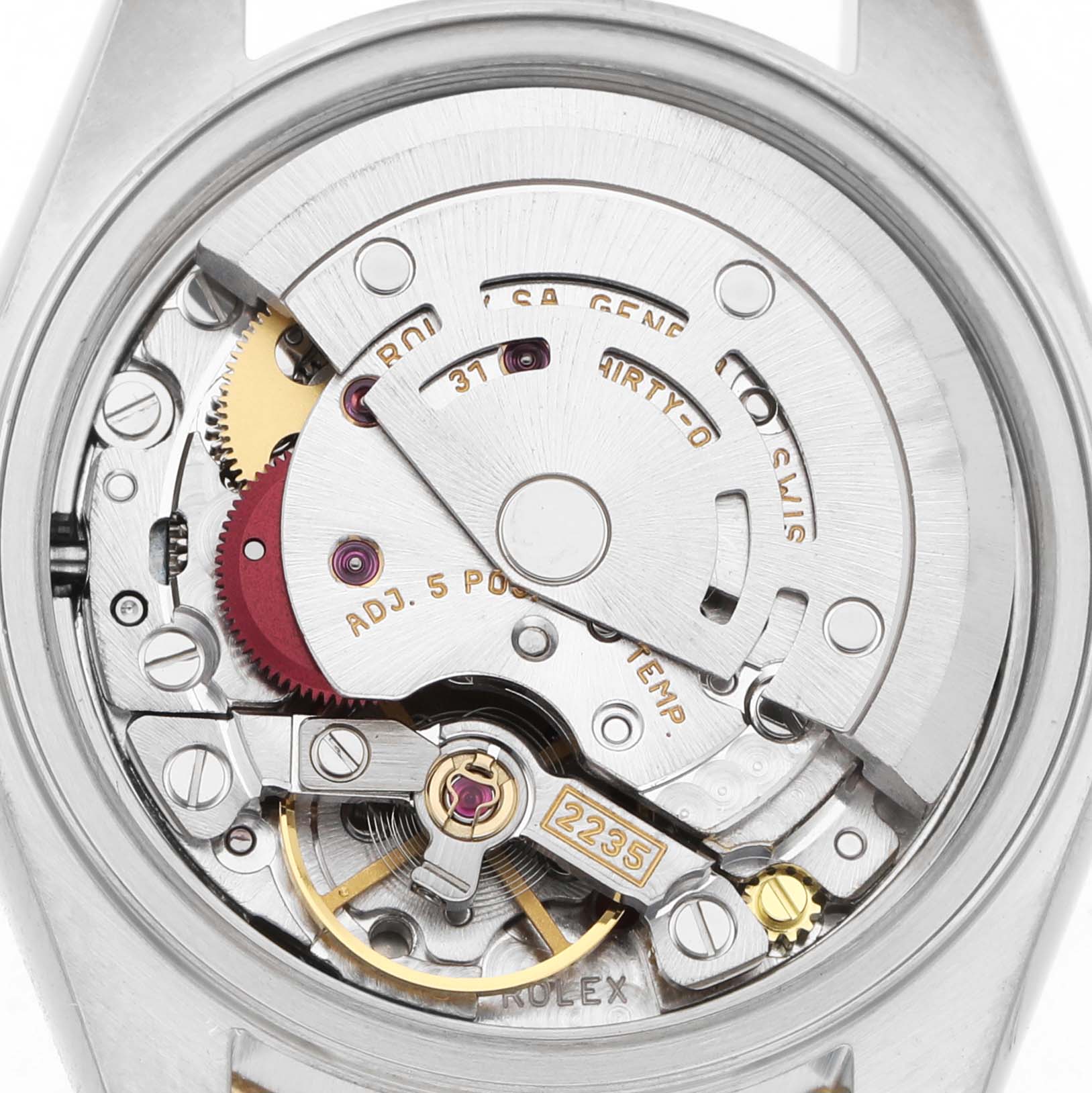 This image shows the movement and internal mechanism of a Rolex Datejust 79173 Women's Steel and Gold (two tone) Champagne Dial watch from the back view.