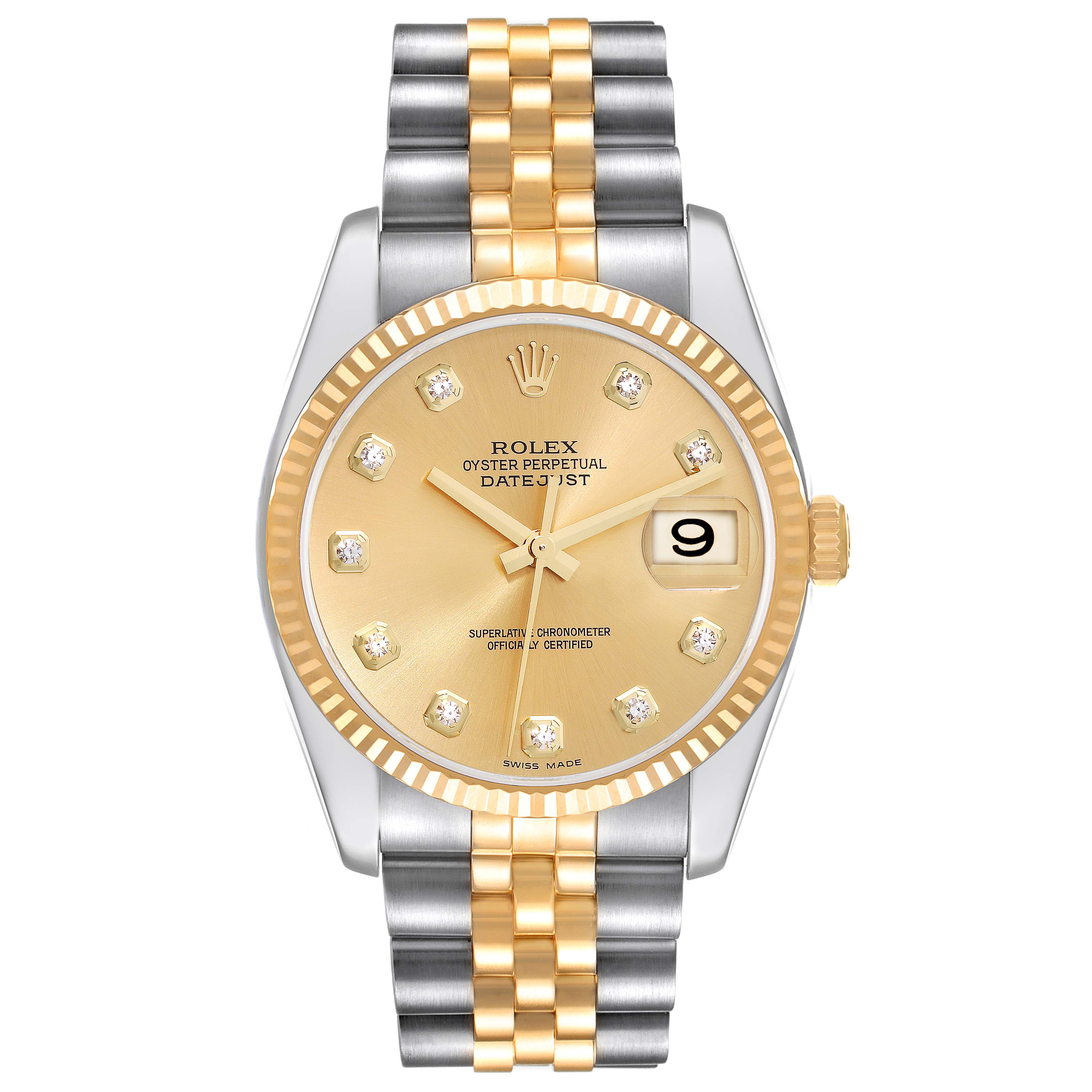 This image shows a frontal view of a Rolex Datejust 116233 Men's Steel and Gold (two tone) Champagne Dial 116233 Men's Steel and Gold (two tone) Champagne Dial watch, highlighting the dial, bezel, and part of the two-tone bracelet.