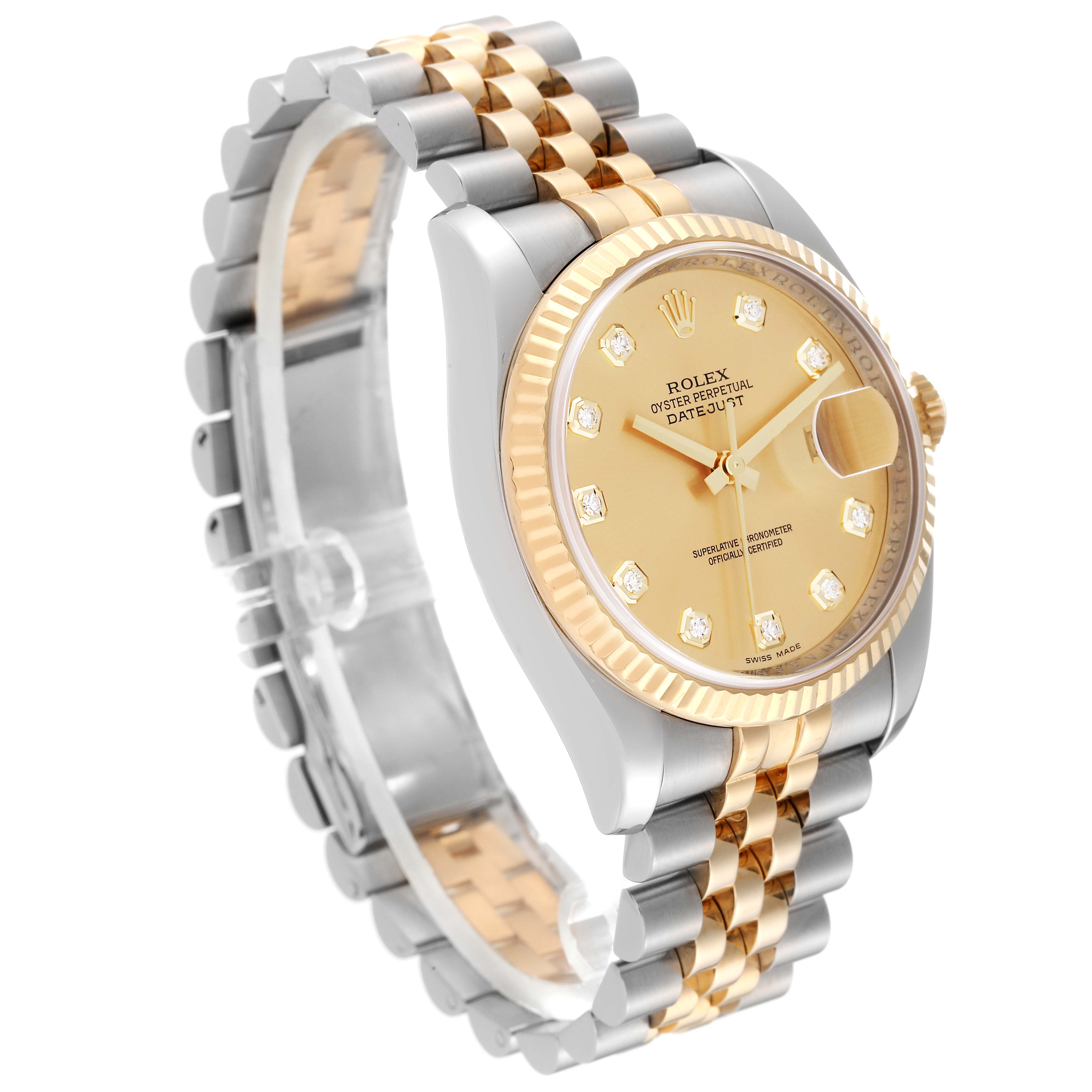 The Rolex Datejust 116233 Men's Steel and Gold (two tone) Champagne Dial 116233 Men's Steel and Gold (two tone) Champagne Dial watch is shown at a three-quarter angle, highlighting its two-tone bracelet and champagne dial with diamond hour markers.
